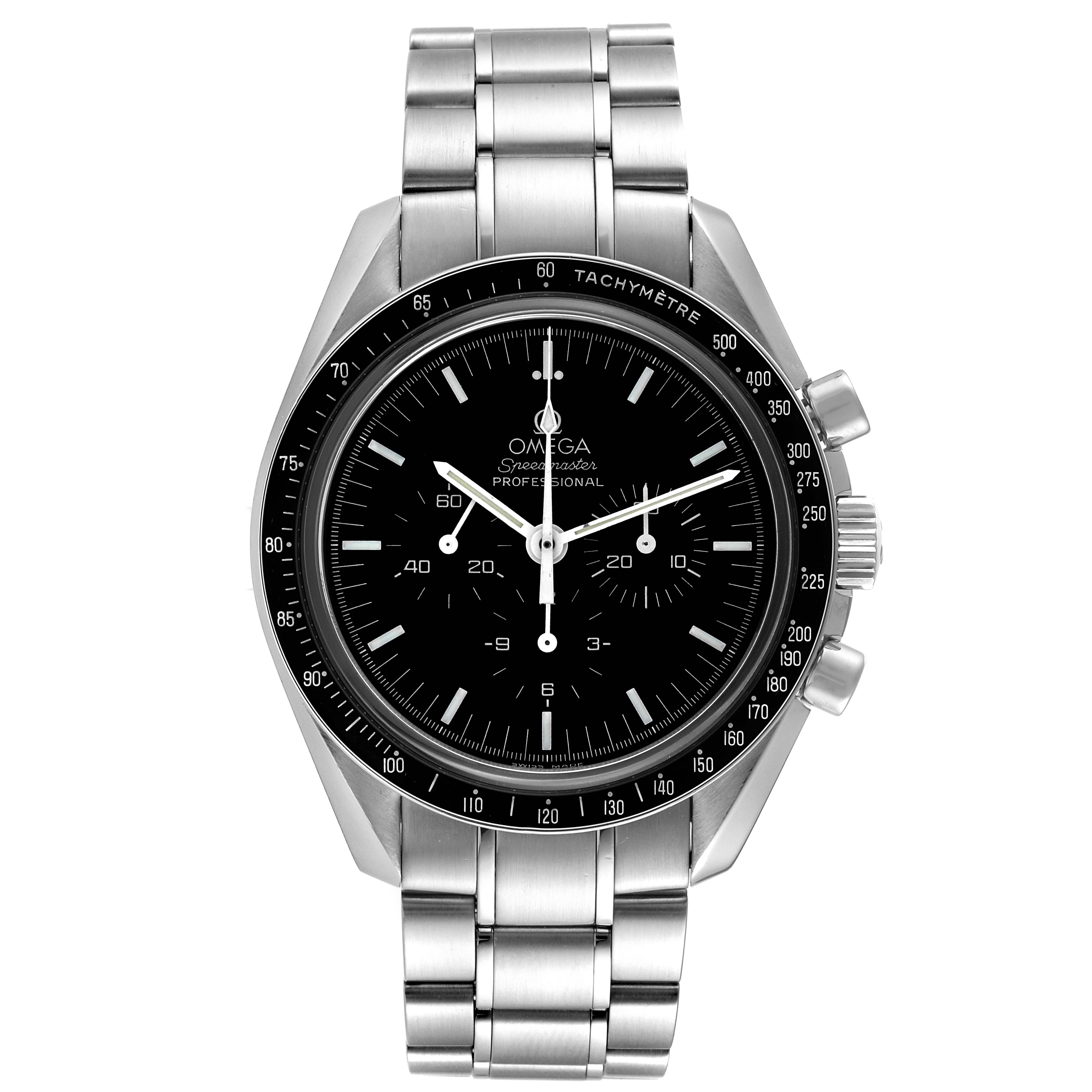 The Omega Speedmaster 3573.50.00 Men's Stainless Steel Black Dial 3573.50.00 Men's Stainless Steel Black Dial watch is shown from a front angle, highlighting the face, tachymeter bezel, and metal bracelet.