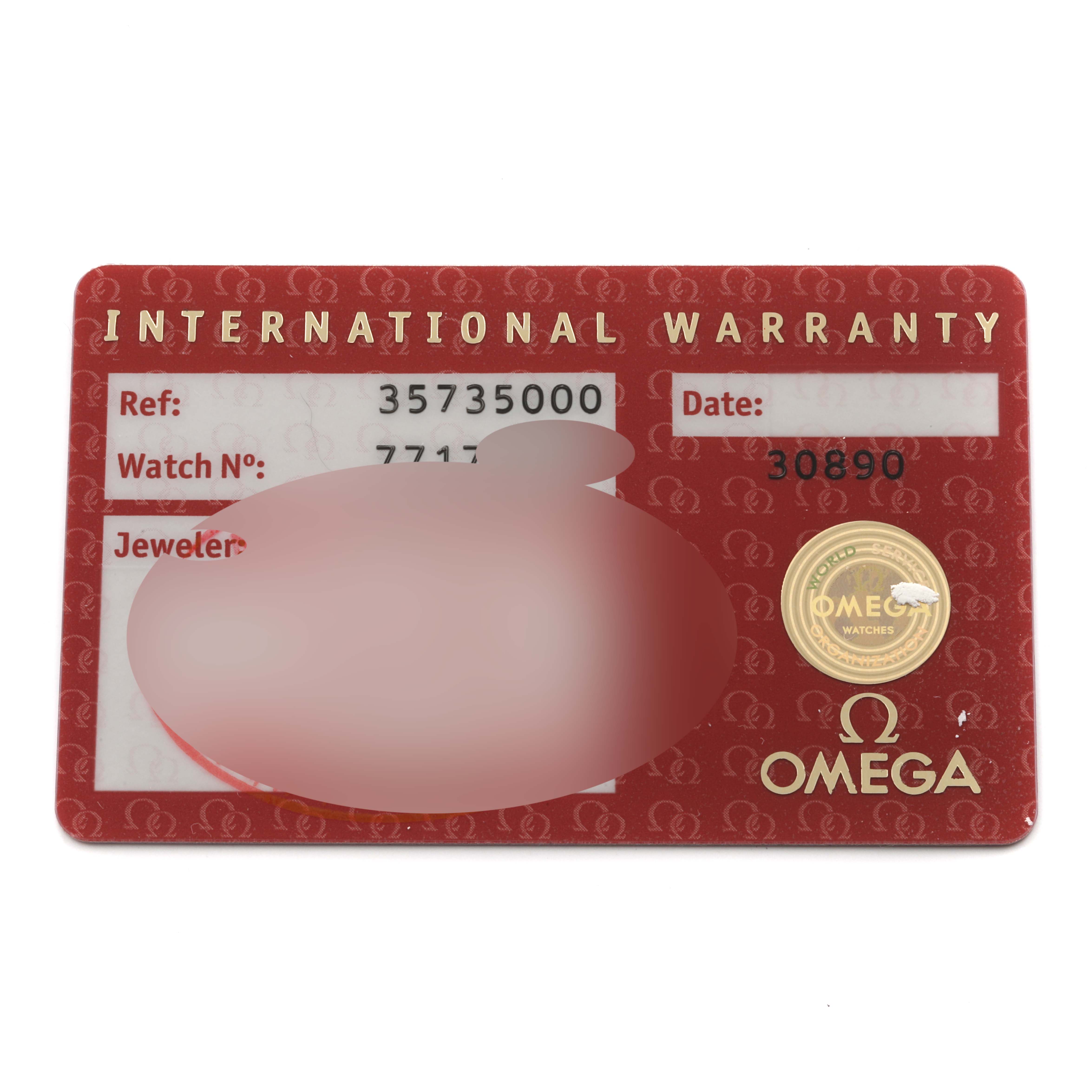 The image shows an Omega Speedmaster 3573.50.00 Men's Stainless Steel Black Dial 3573.50.00 Men's Stainless Steel Black Dial International Warranty card, viewed from a top-down angle.