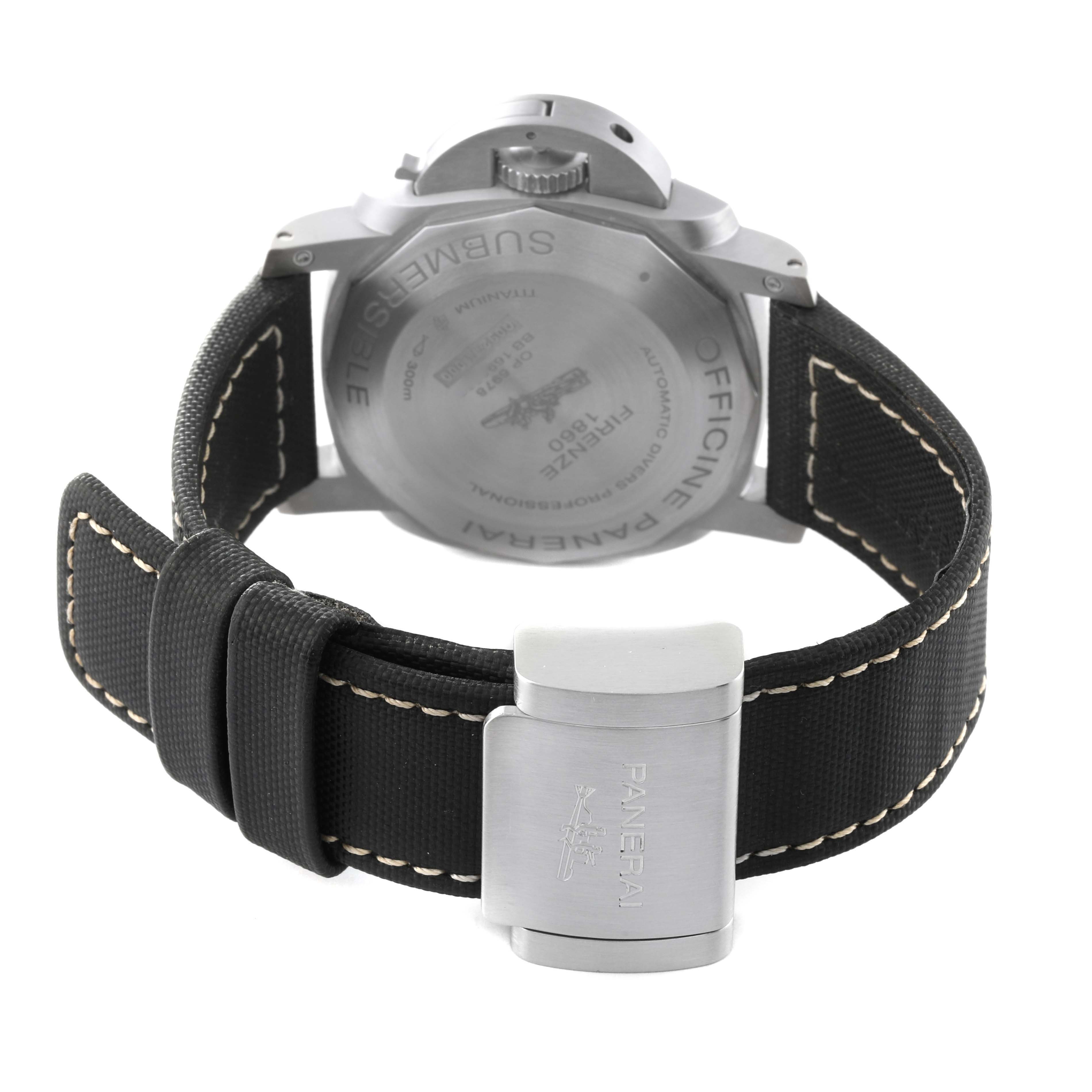 The image shows the back view of the Panerai Submersible PAM00569 Men's Titanium Black Dial PAM00569 Men's Titanium Black Dial watch, focusing on the case back and strap clasp.