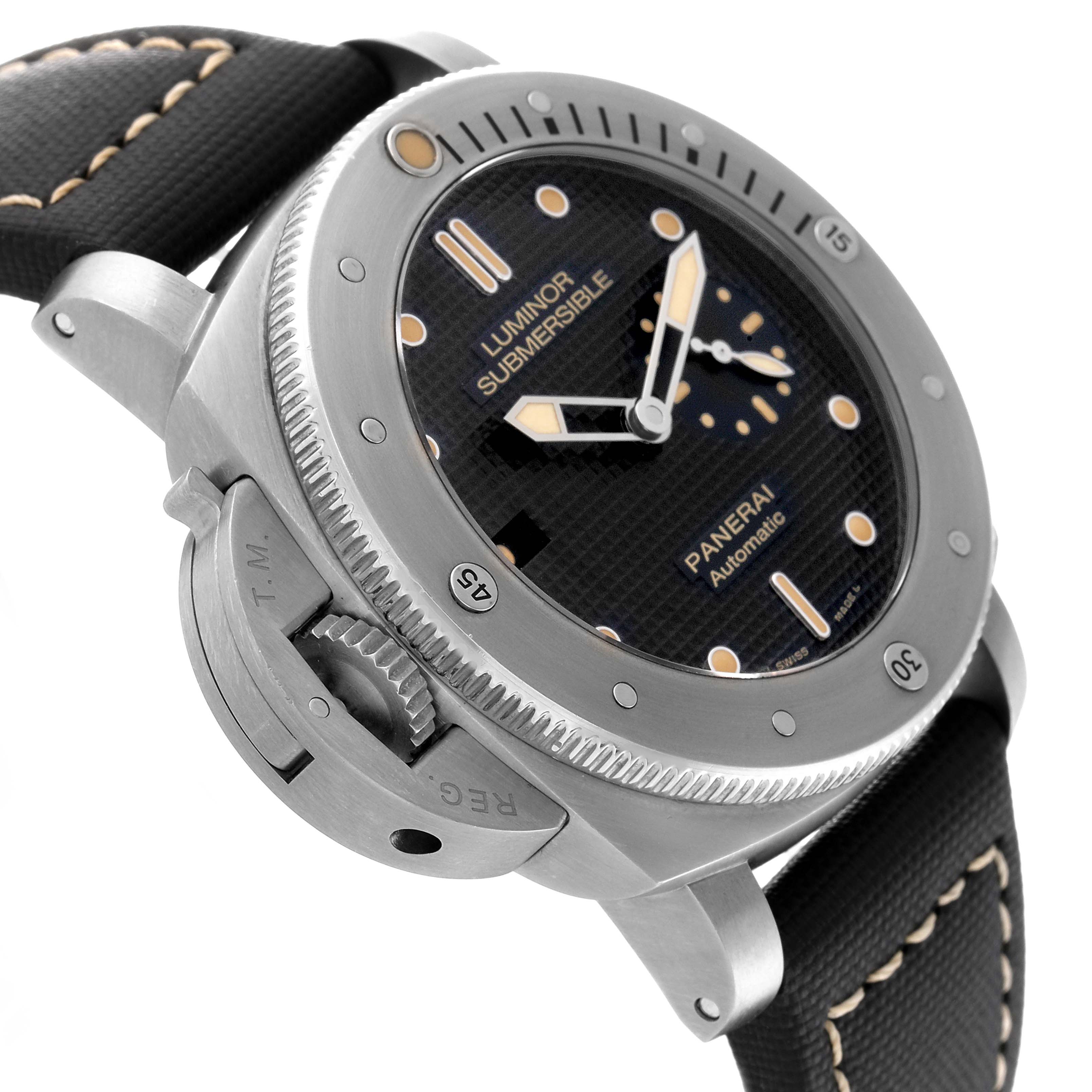 This image shows a close-up angled view of the Panerai Luminor Submersible watch, highlighting its bezel, crown guard, and strap.