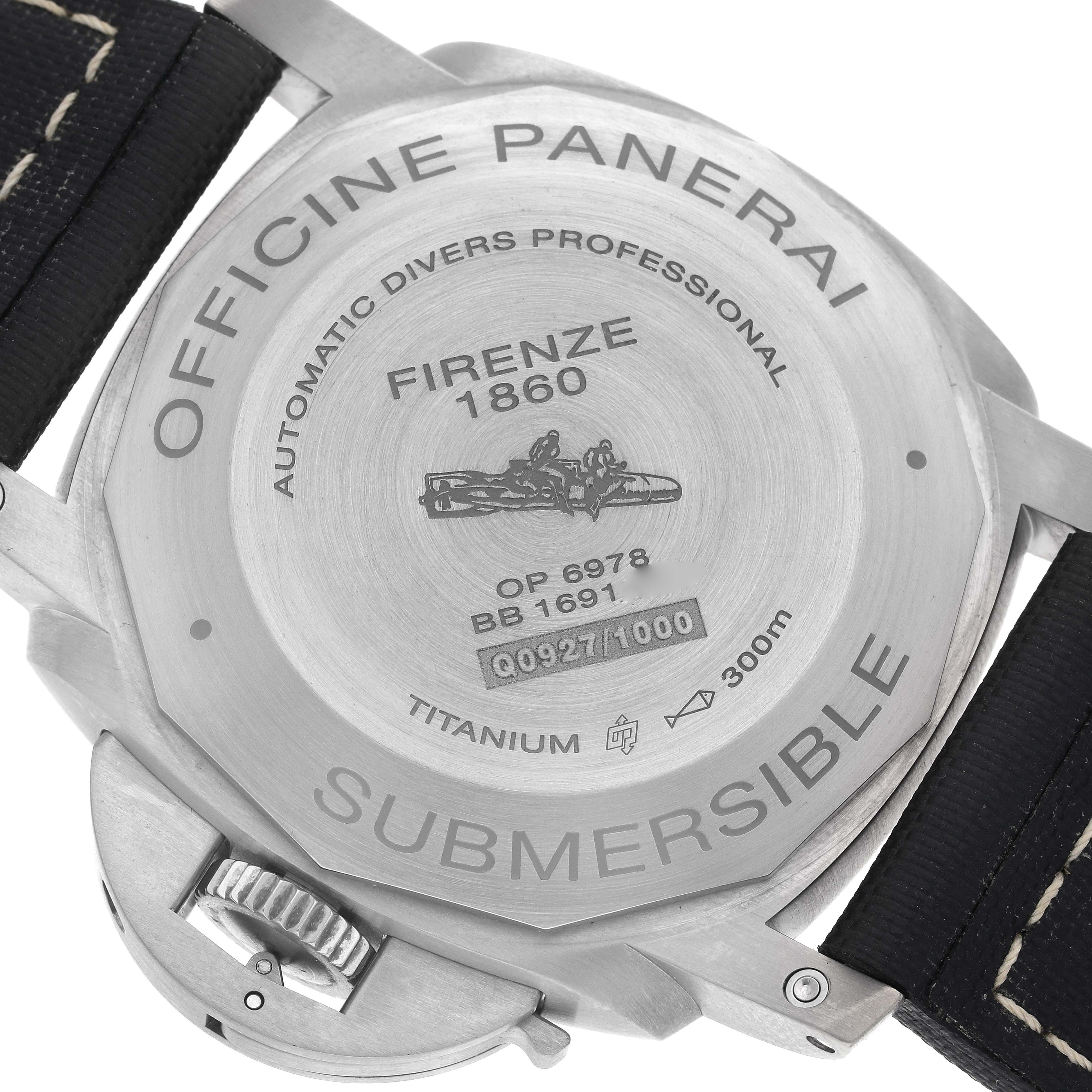 The image shows the case back of a Panerai Submersible PAM00569 Men's Titanium Black Dial PAM00569 Men's Titanium Black Dial watch, displaying engravings and water resistance information.
