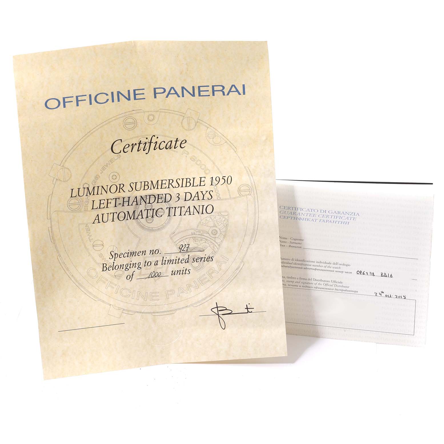 This image shows the certificate and warranty card for the Panerai Luminor Submersible 1950 watch.