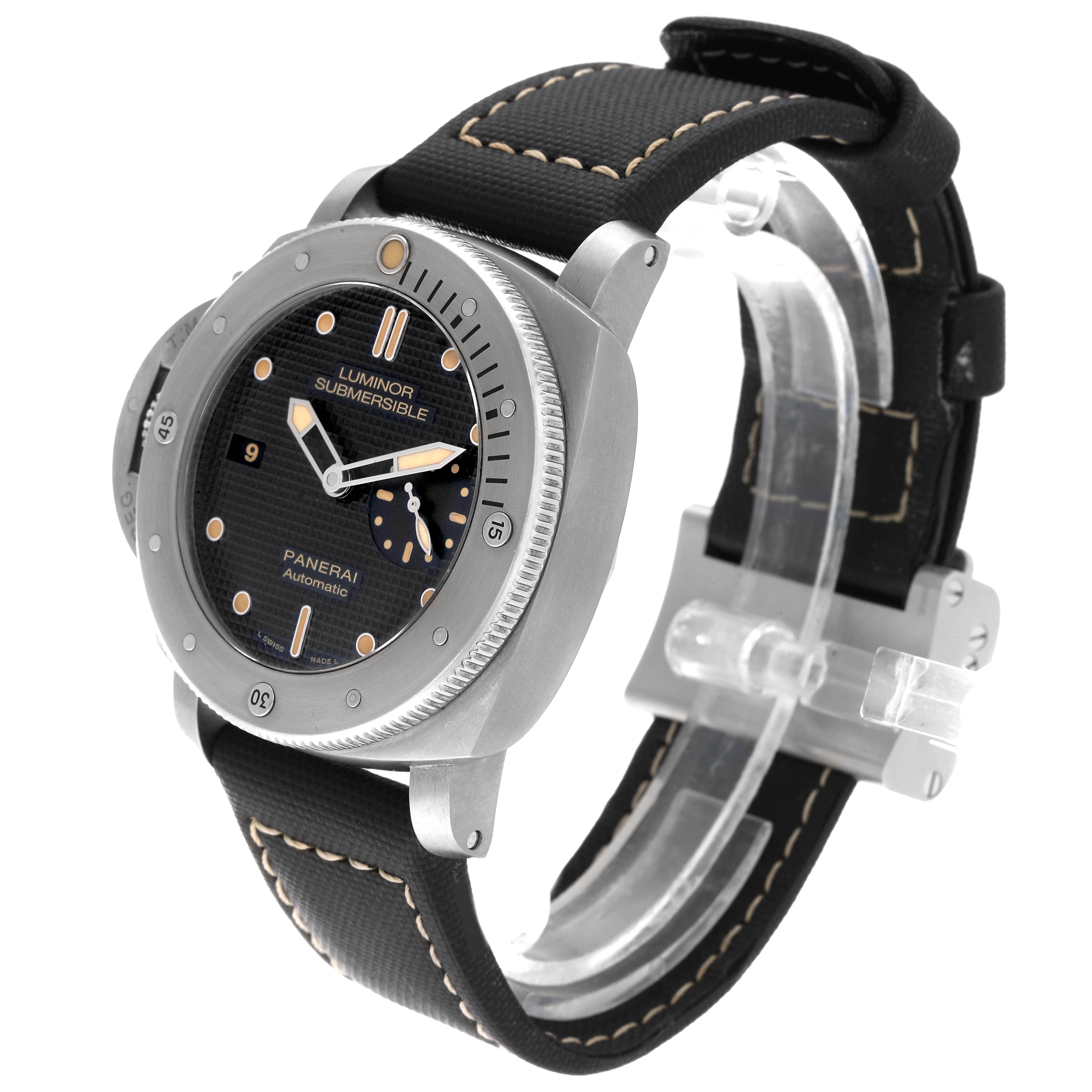 The Panerai Submersible PAM00569 Men's Titanium Black Dial PAM00569 Men's Titanium Black Dial watch is shown at an angle displaying the face, bezel, and strap.