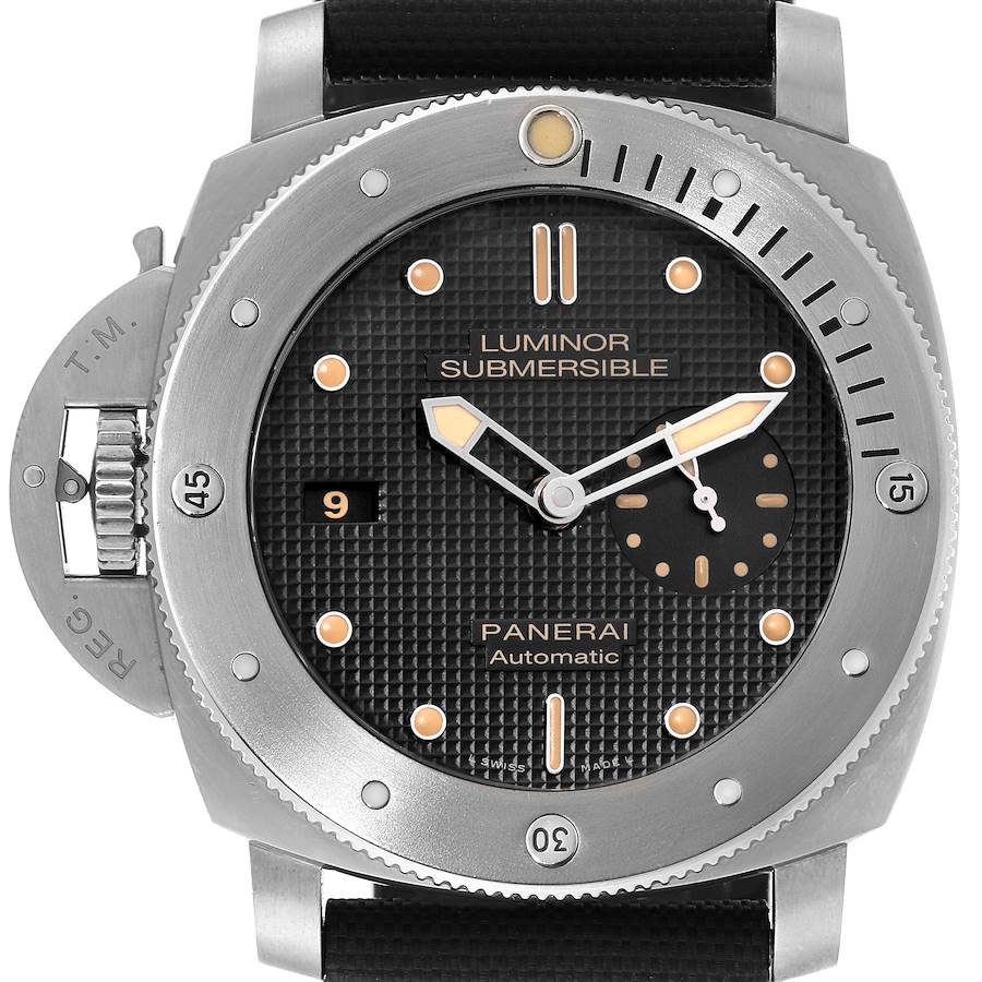 The image shows a frontal view of the Panerai Luminor Submersible, highlighting its dial, bezel, and crown guard.