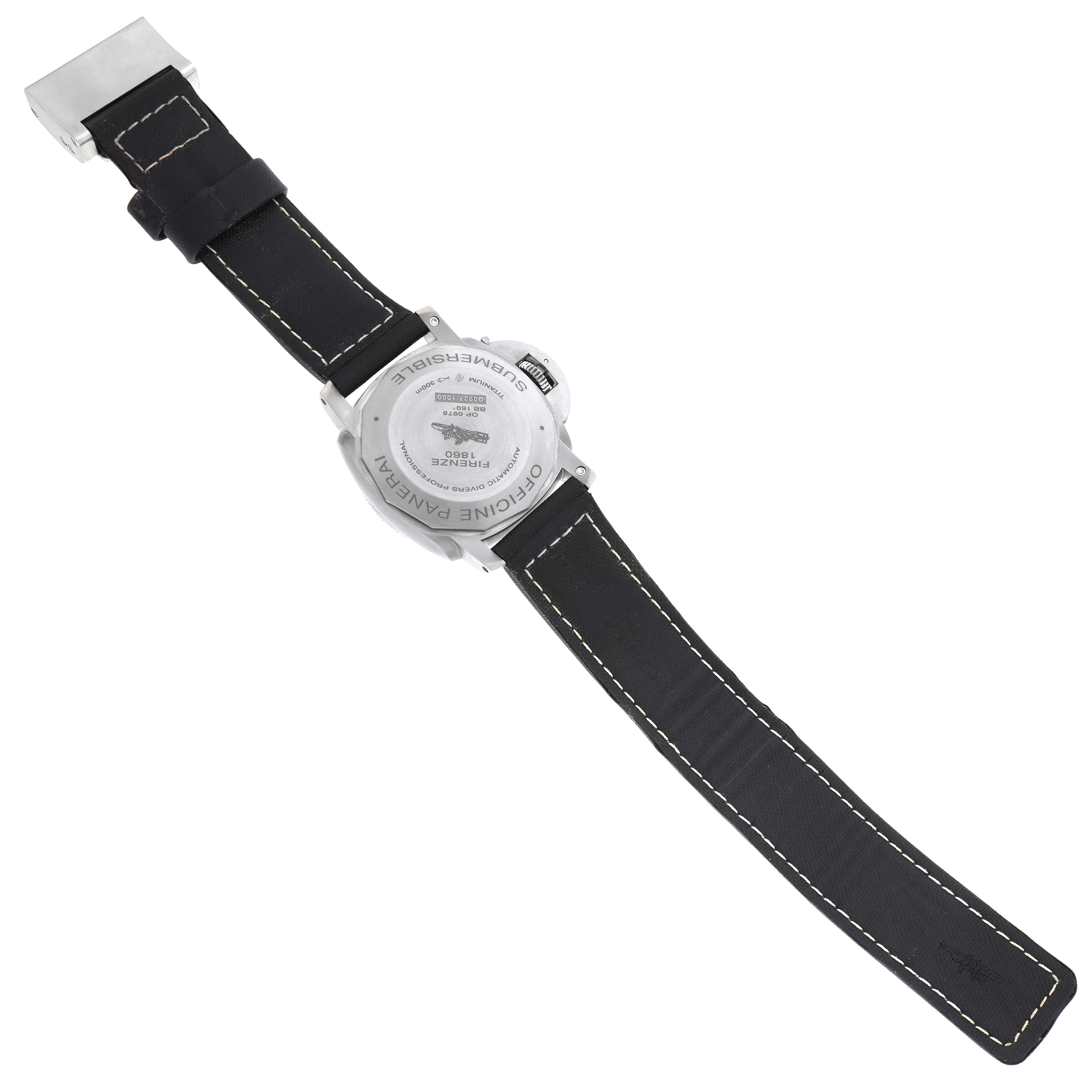 The image shows the back view of a Panerai Submersible PAM00569 Men's Titanium Black Dial PAM00569 Men's Titanium Black Dial watch, including its strap and case back.