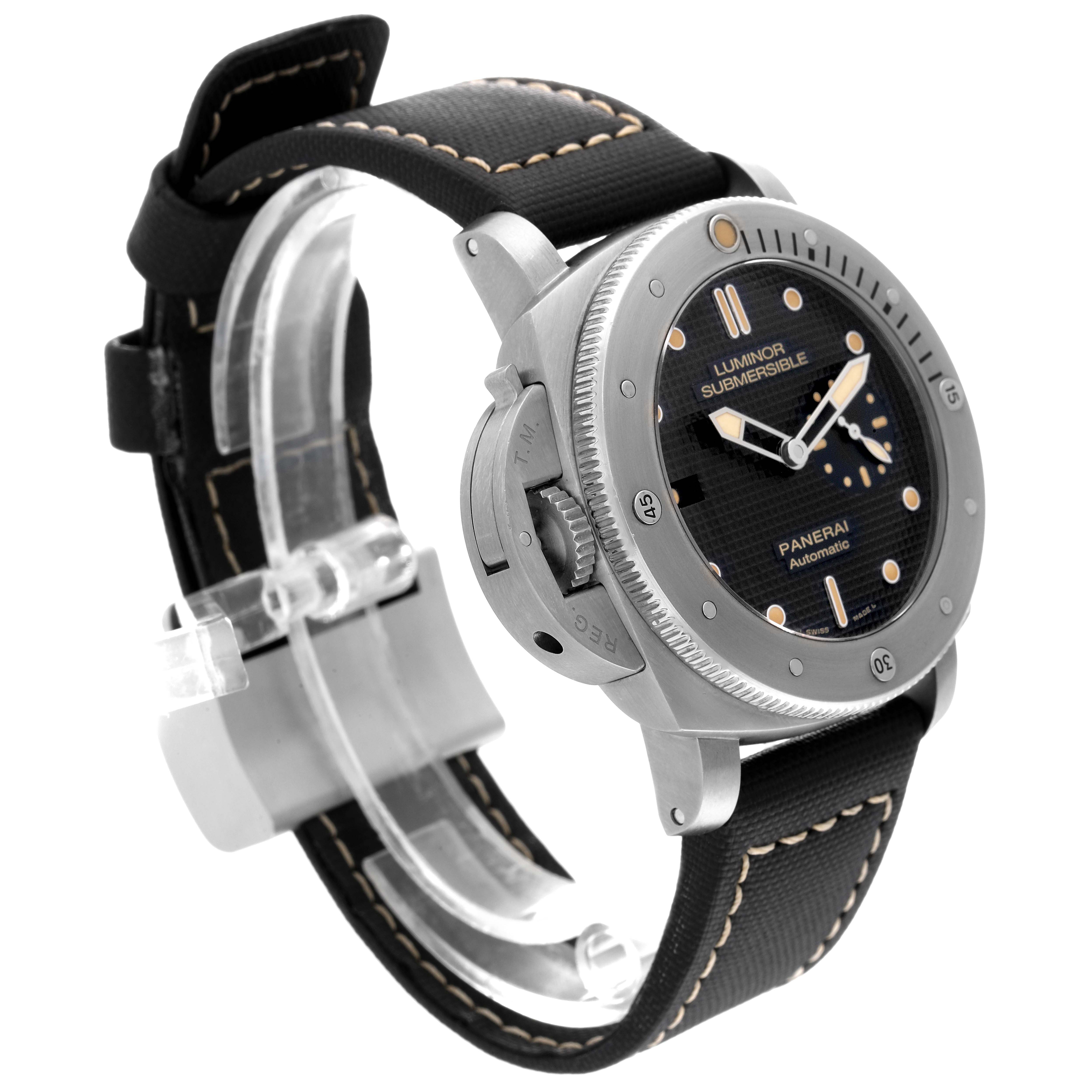 The Submersible model by Panerai is shown at an angle highlighting the face, bezel, crown guard, and strap.