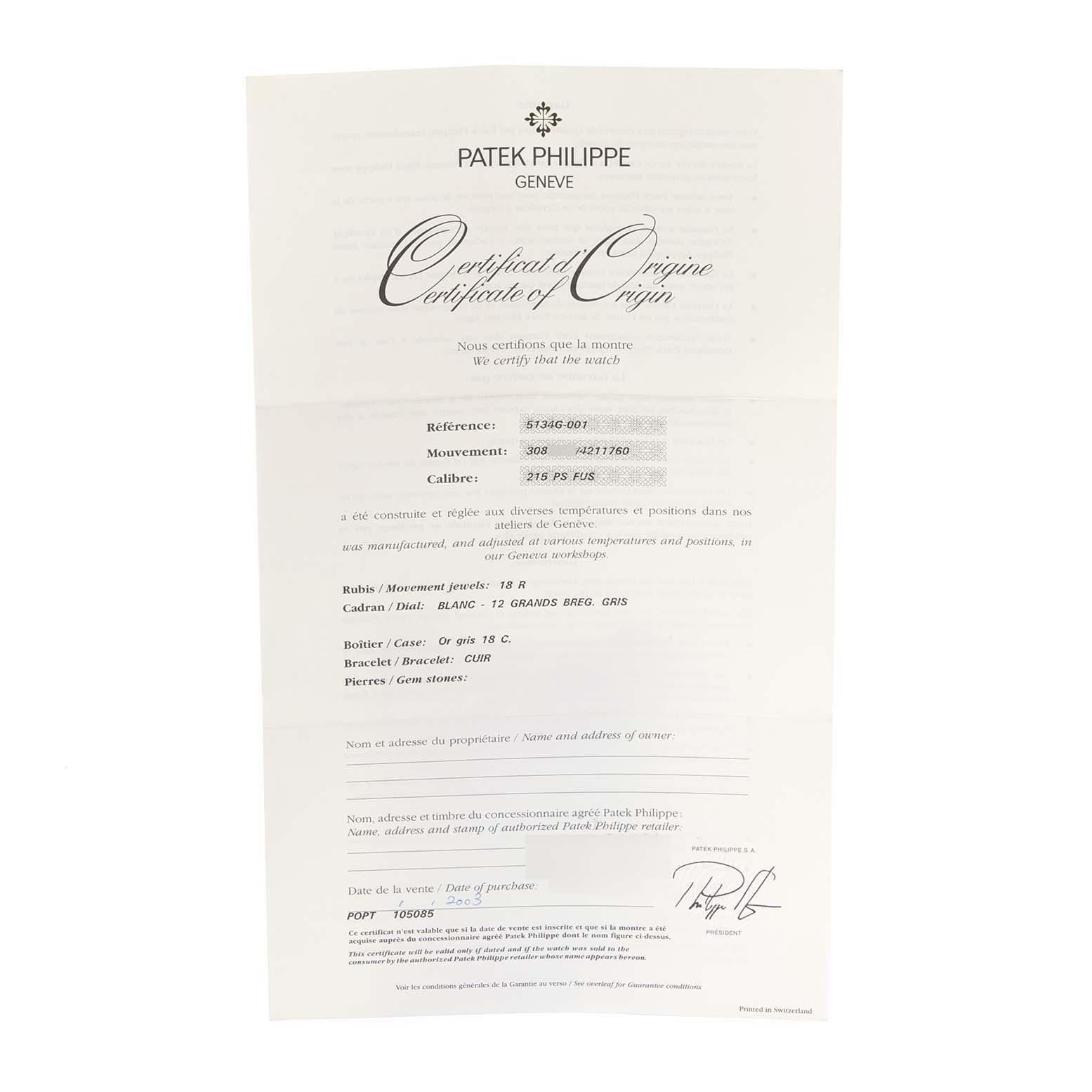 The image shows the Certificate of Origin for the Patek Philippe Calatrava 5134G Men
s White Gold White Dial 5134G Men
s White Gold White Dial model.