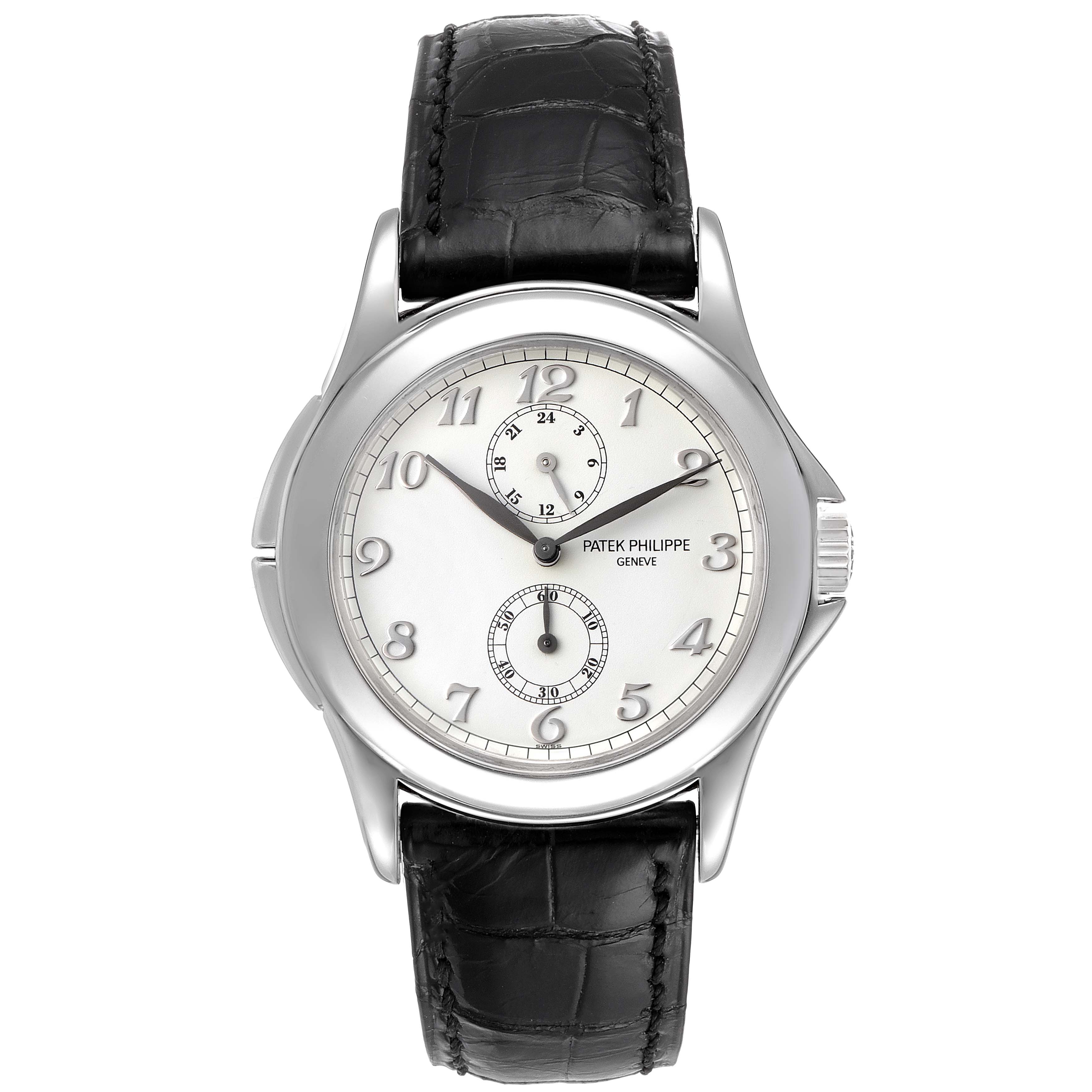 This image shows a front-facing view of a Patek Philippe Calatrava 5134G Men
s White Gold White Dial 5134G Men
s White Gold White Dial watch, featuring the dial, hands, and black leather strap.