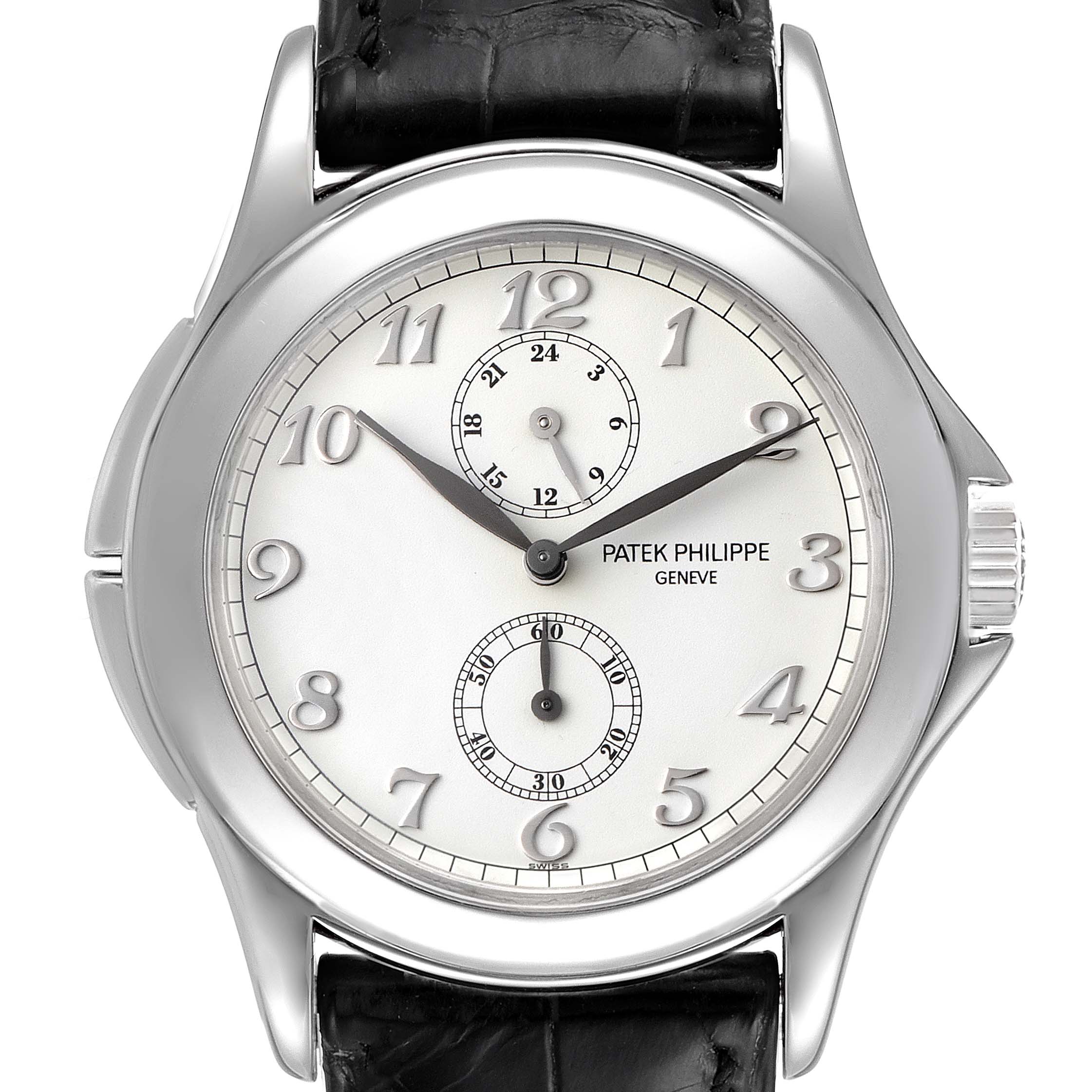 This image shows a close-up view of the face of a Patek Philippe Calatrava 5134G Men
s White Gold White Dial 5134G Men
s White Gold White Dial watch with a black leather strap.