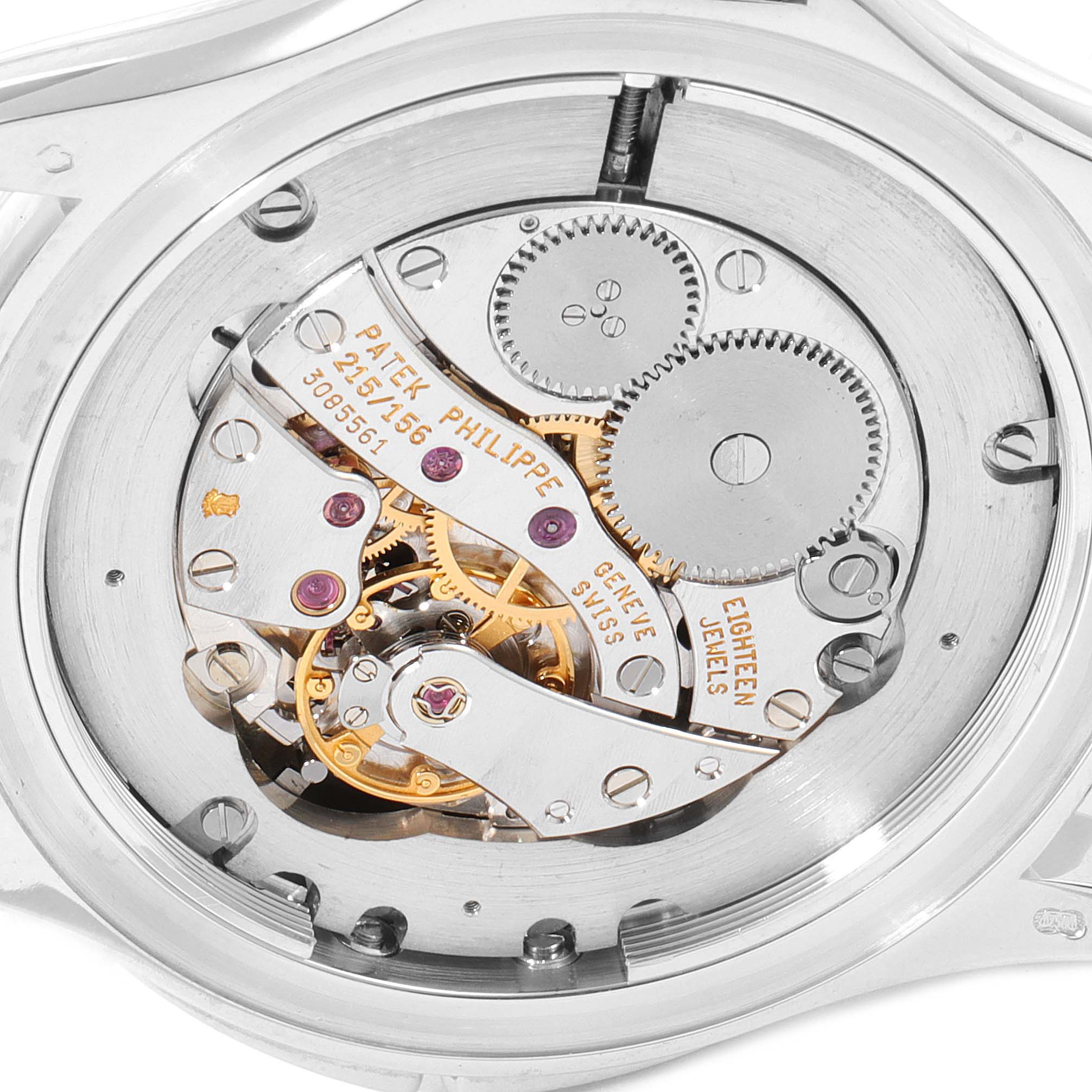 The image shows the movement and inner workings of the Patek Philippe Calatrava 5134G Men
s White Gold White Dial 5134G Men
s White Gold White Dial watch from the back angle.