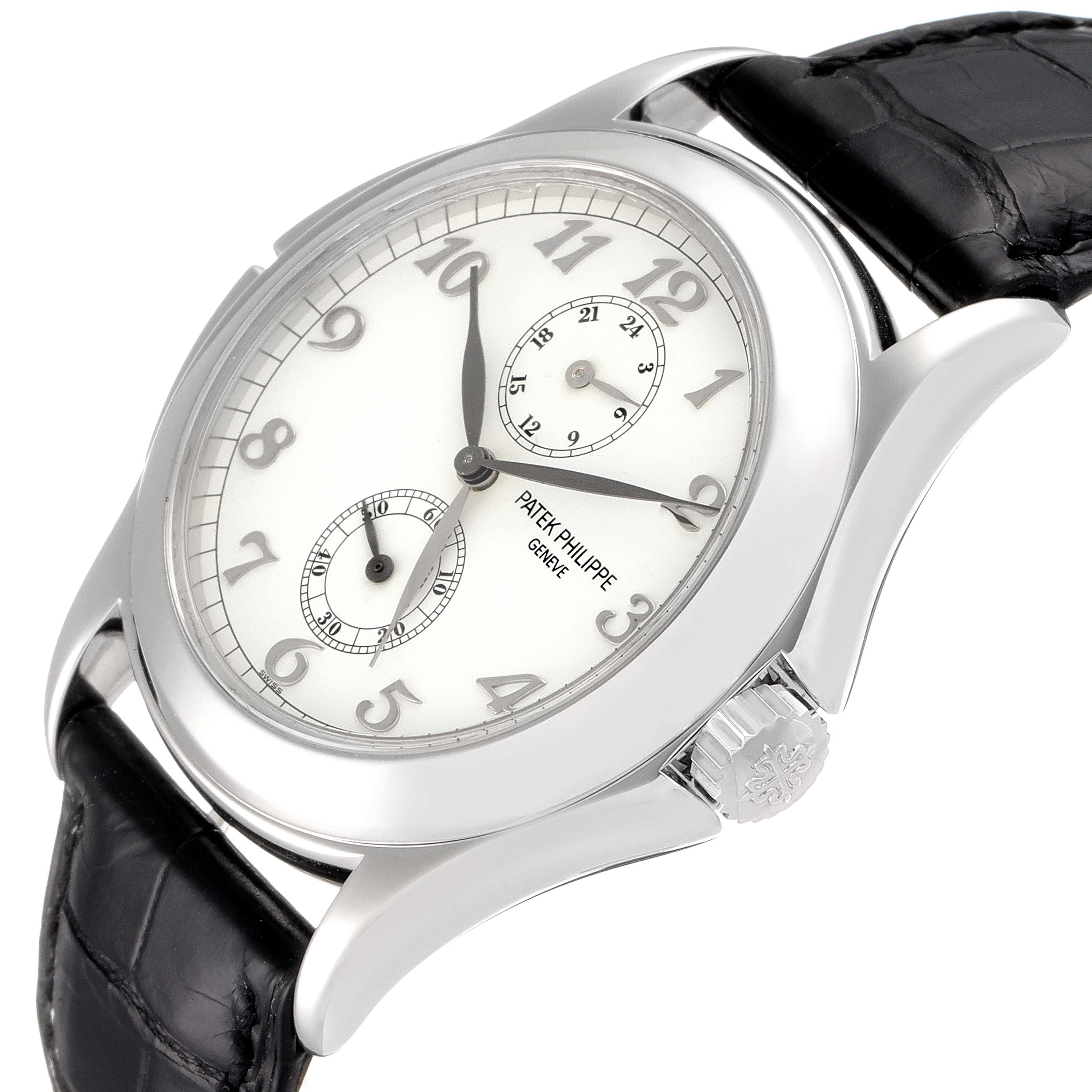 The Patek Philippe Calatrava 5134G Men
s White Gold White Dial 5134G Men
s White Gold White Dial watch is shown at a slight angle, highlighting its face, crown, and leather strap.