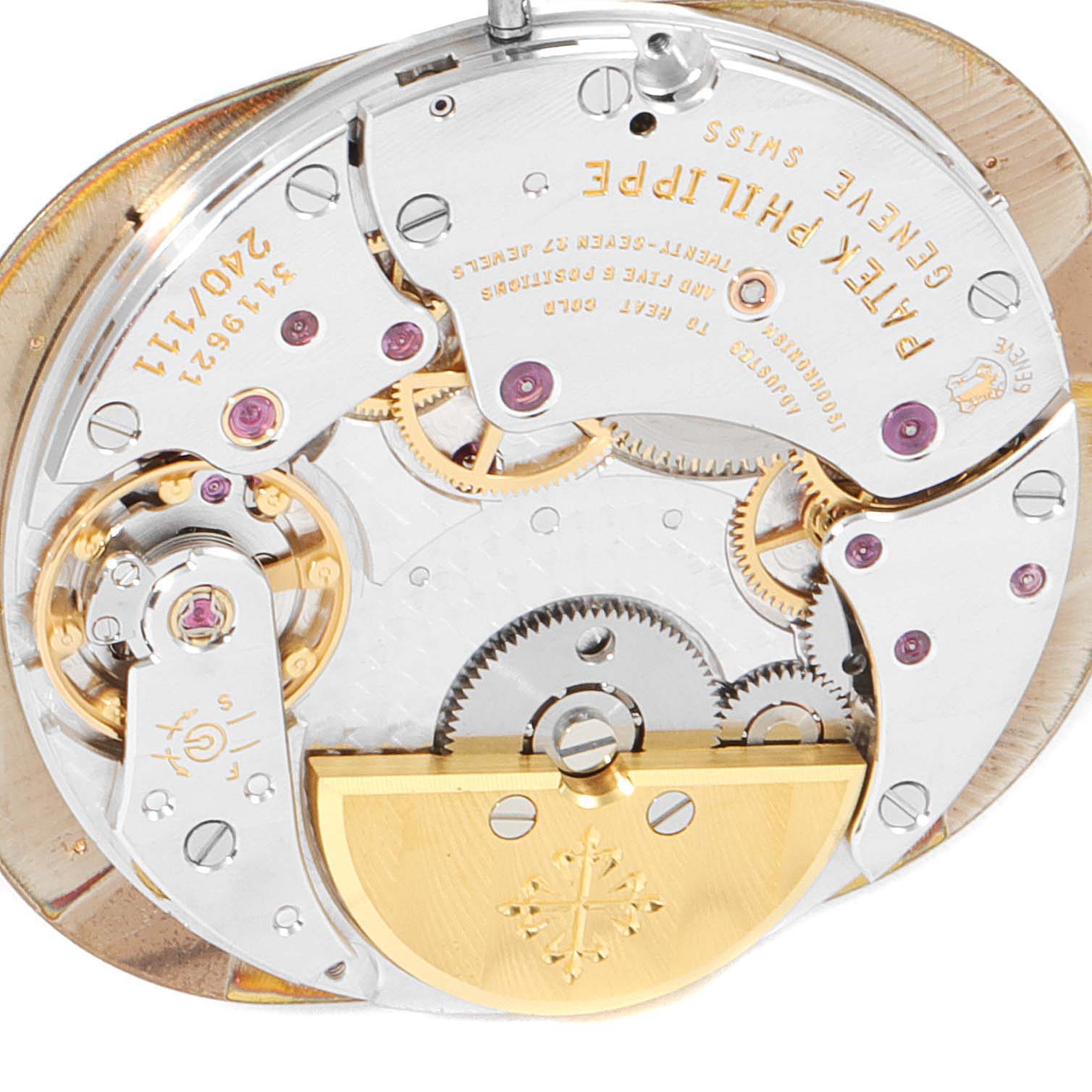 This image shows the intricate inner mechanism of a Patek Philippe Golden Ellipse 3738 Men's Rose Gold Brown Dial 3738 Men's Rose Gold Brown Dial watch, including gears and the rotor.