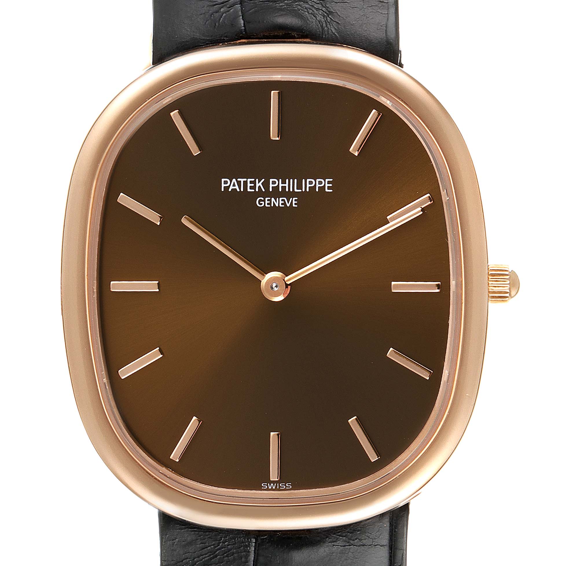 The image shows a front view of the Patek Philippe Golden Ellipse 3738 Men's Rose Gold Brown Dial 3738 Men's Rose Gold Brown Dial watch, displaying its face, hands, and crown.