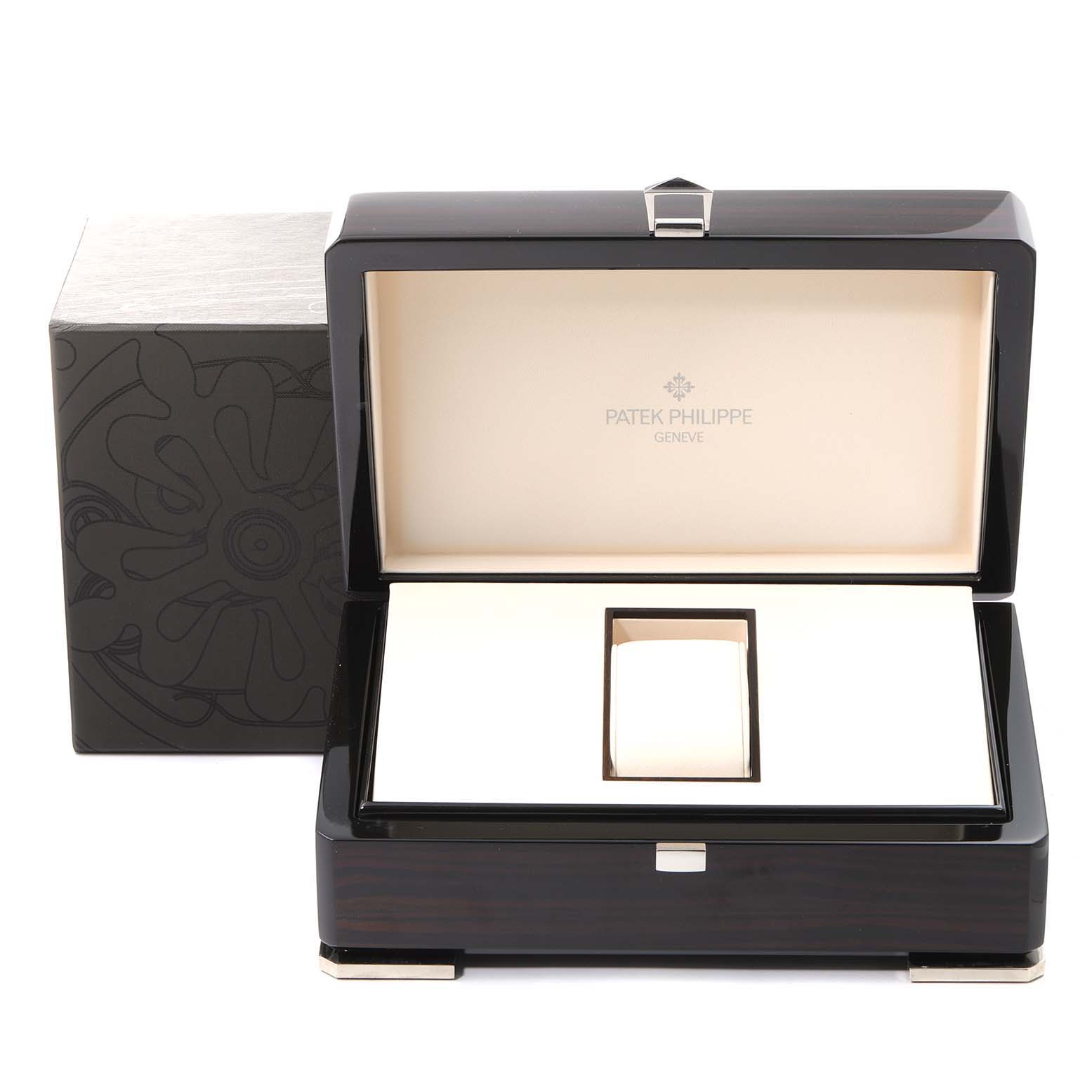 This image shows an open box containing a Patek Philippe Golden Ellipse 3738 Men's Rose Gold Brown Dial 3738 Men's Rose Gold Brown Dial watch, highlighting the brand name inside the box lid.