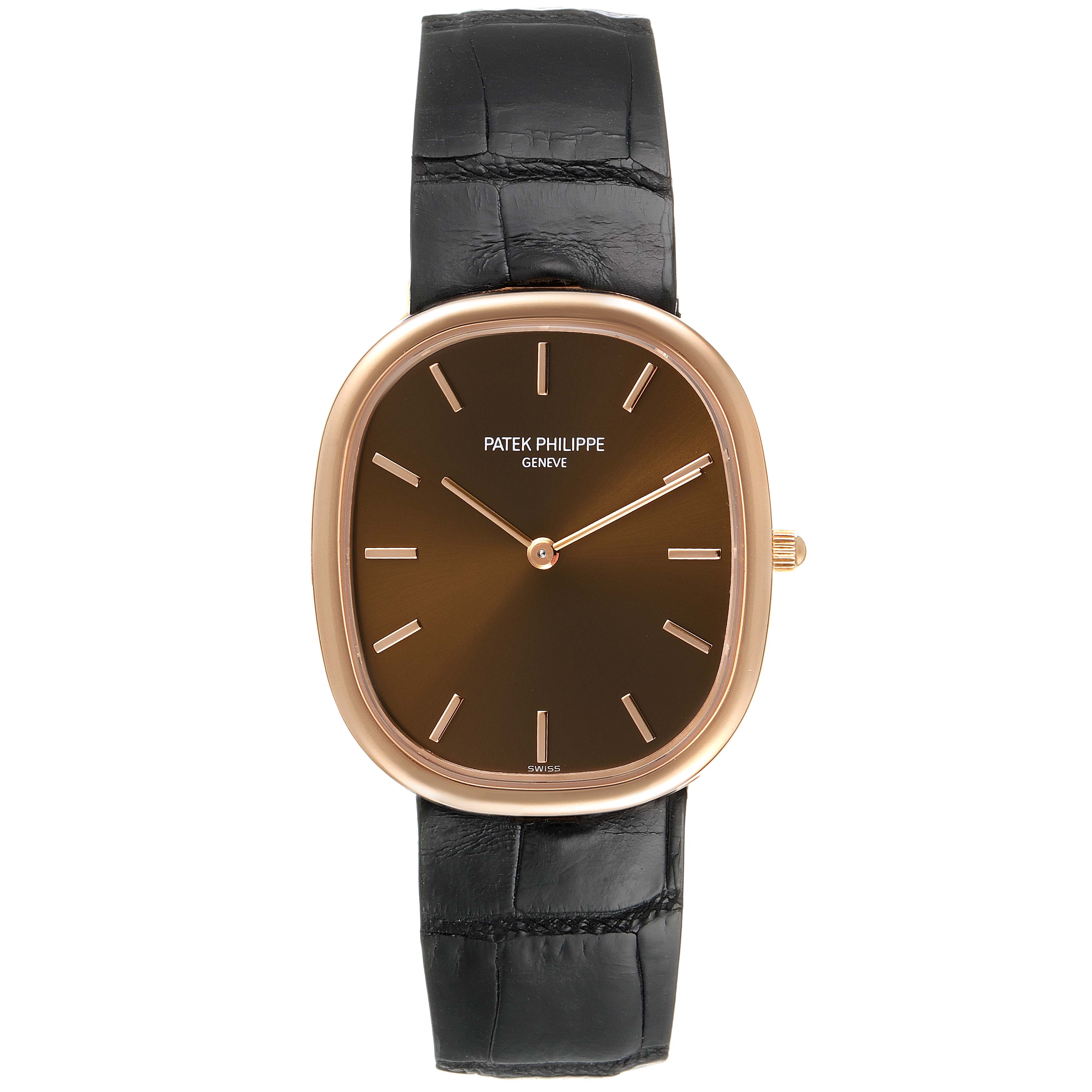 The image shows a Patek Philippe Golden Ellipse 3738 Men's Rose Gold Brown Dial 3738 Men's Rose Gold Brown Dial watch, featuring a front view of the dial and the black leather strap.