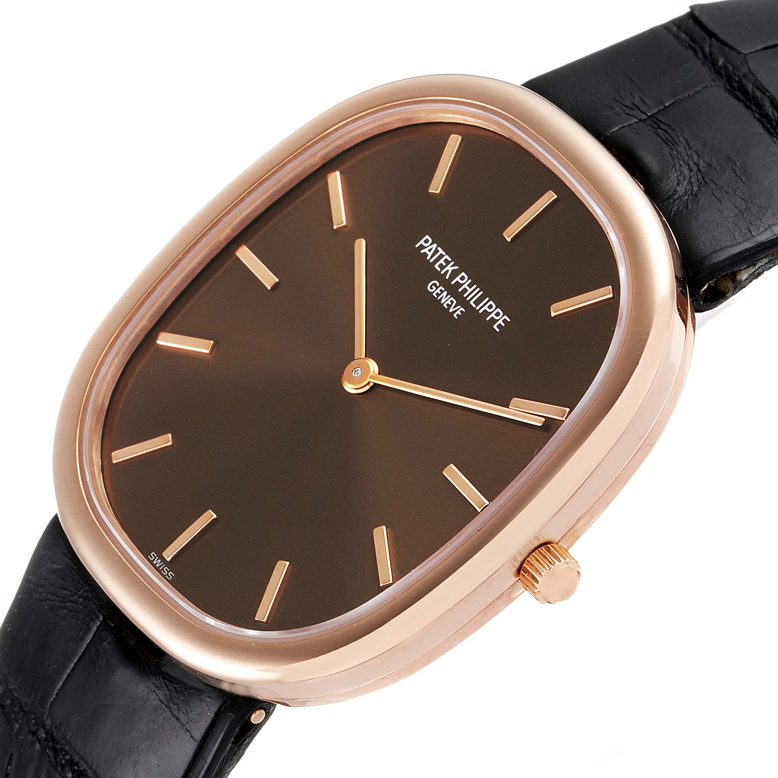 The image shows a close-up angled view of the Patek Philippe Golden Ellipse 3738 Men's Rose Gold Brown Dial 3738 Men's Rose Gold Brown Dial watch, highlighting its dial and crown.