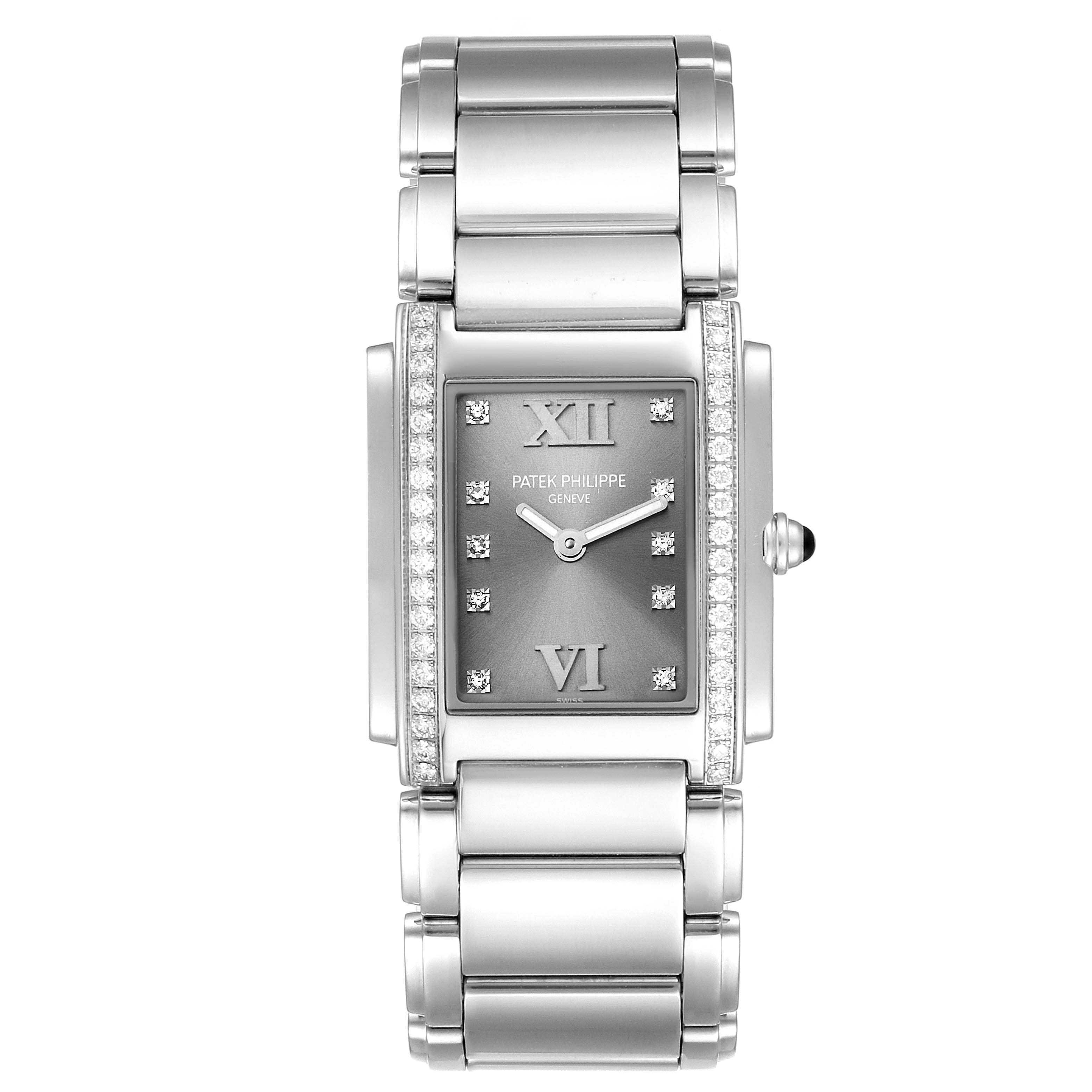 The Patek Philippe Twenty-4 4910/10A-010 Women's Stainless Steel Grey Dial 4910/10A-010 Women's Stainless Steel Grey Dial watch is shown from the top, highlighting the face, bezel, bracelet, and crown.