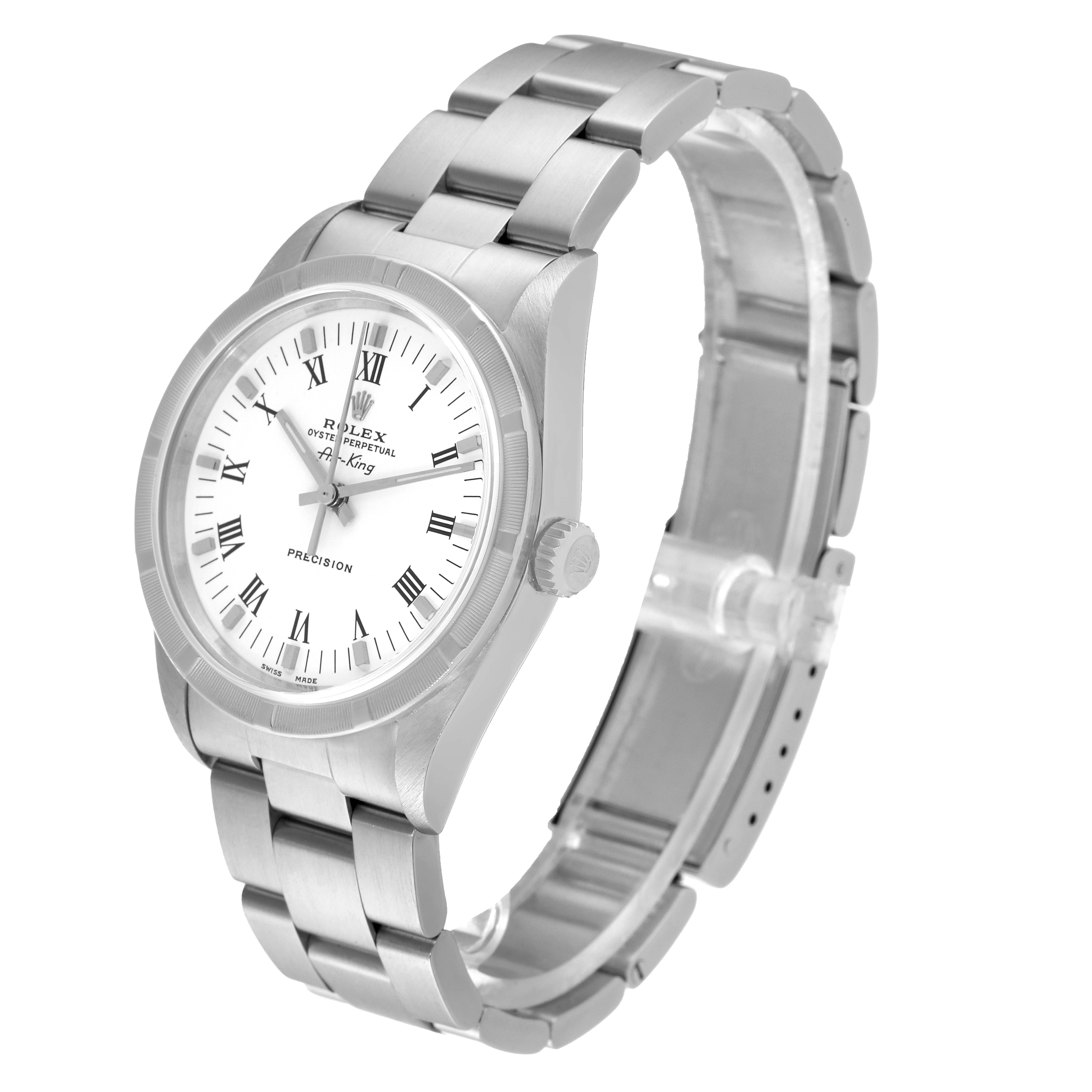 The image shows a Rolex Air-King 14010 Men's Stainless Steel White Dial 14010 Men's Stainless Steel White Dial watch from an angled side view, highlighting the dial, bracelet, and crown.