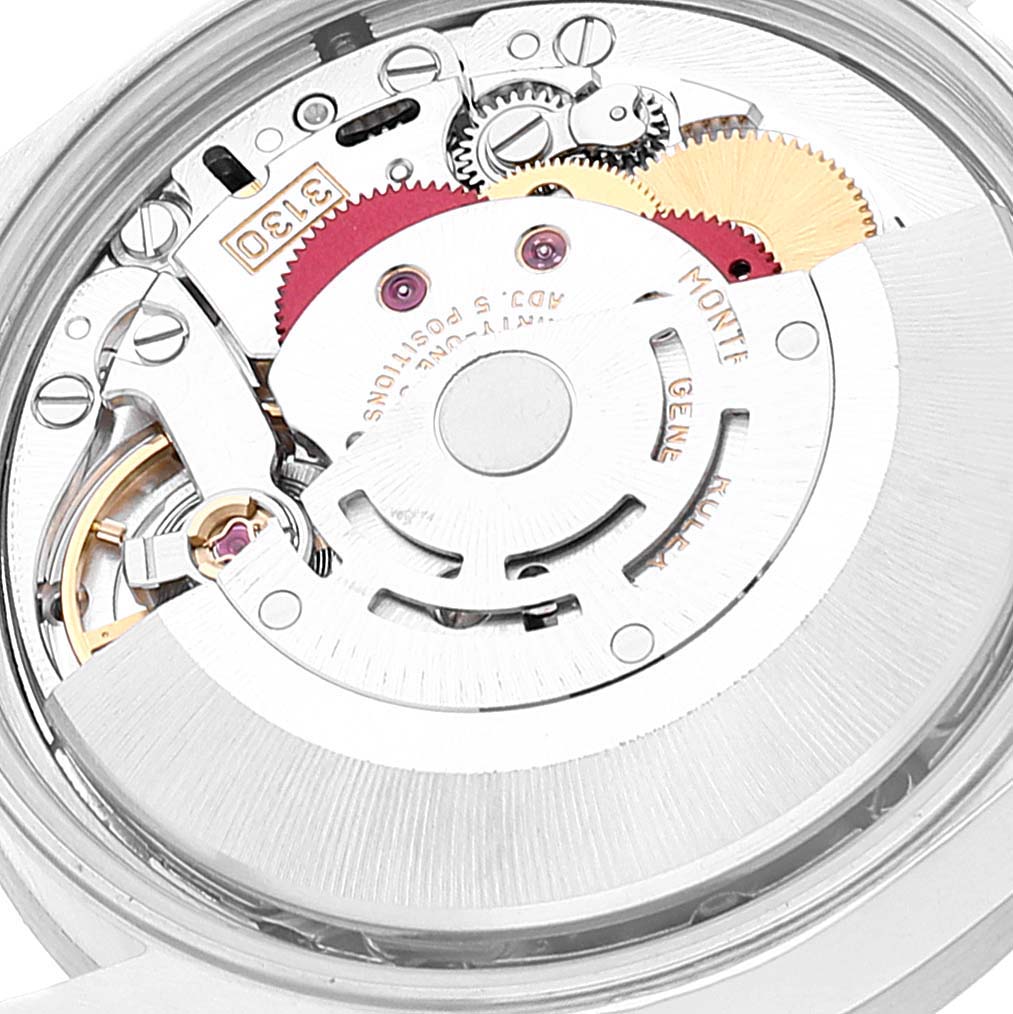 This is a close-up view of the movement components inside a Rolex Air-King 14010 Men's Stainless Steel White Dial 14010 Men's Stainless Steel White Dial watch.