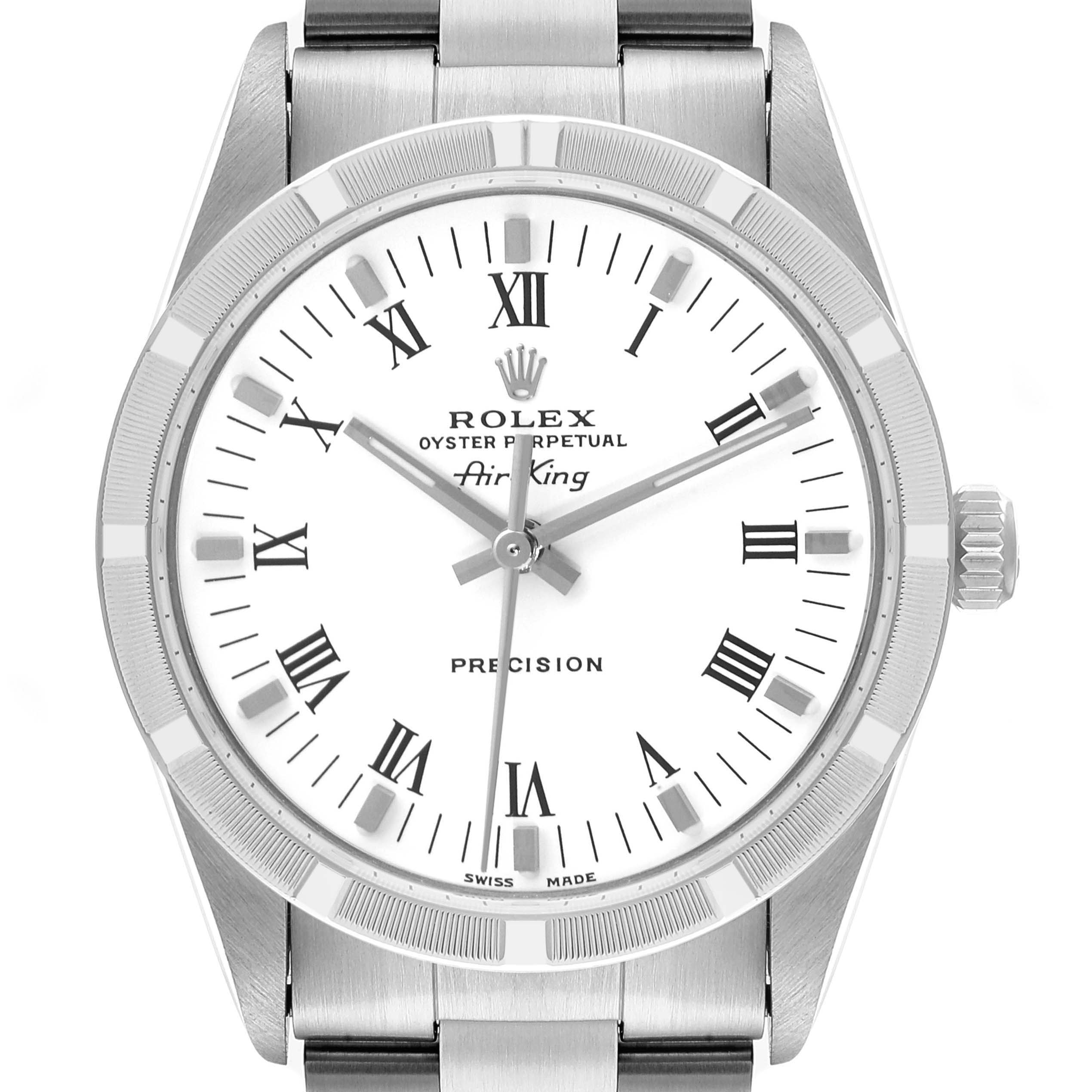The image shows a front view of a Rolex Air-King 14010 Men's Stainless Steel White Dial 14010 Men's Stainless Steel White Dial watch, displaying its dial, bezel, crown, and parts of the bracelet.