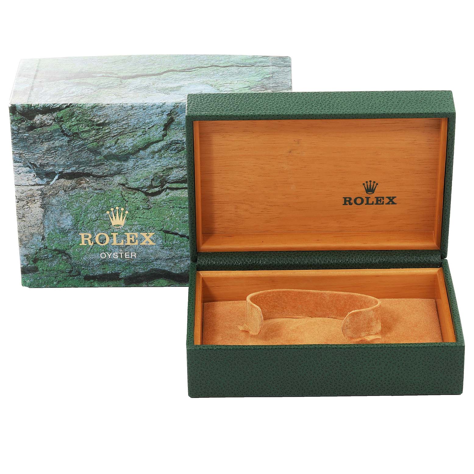 This image shows an open Rolex Air-King 14010 Men's Stainless Steel White Dial 14010 Men's Stainless Steel White Dial watch box with a branded outer box.