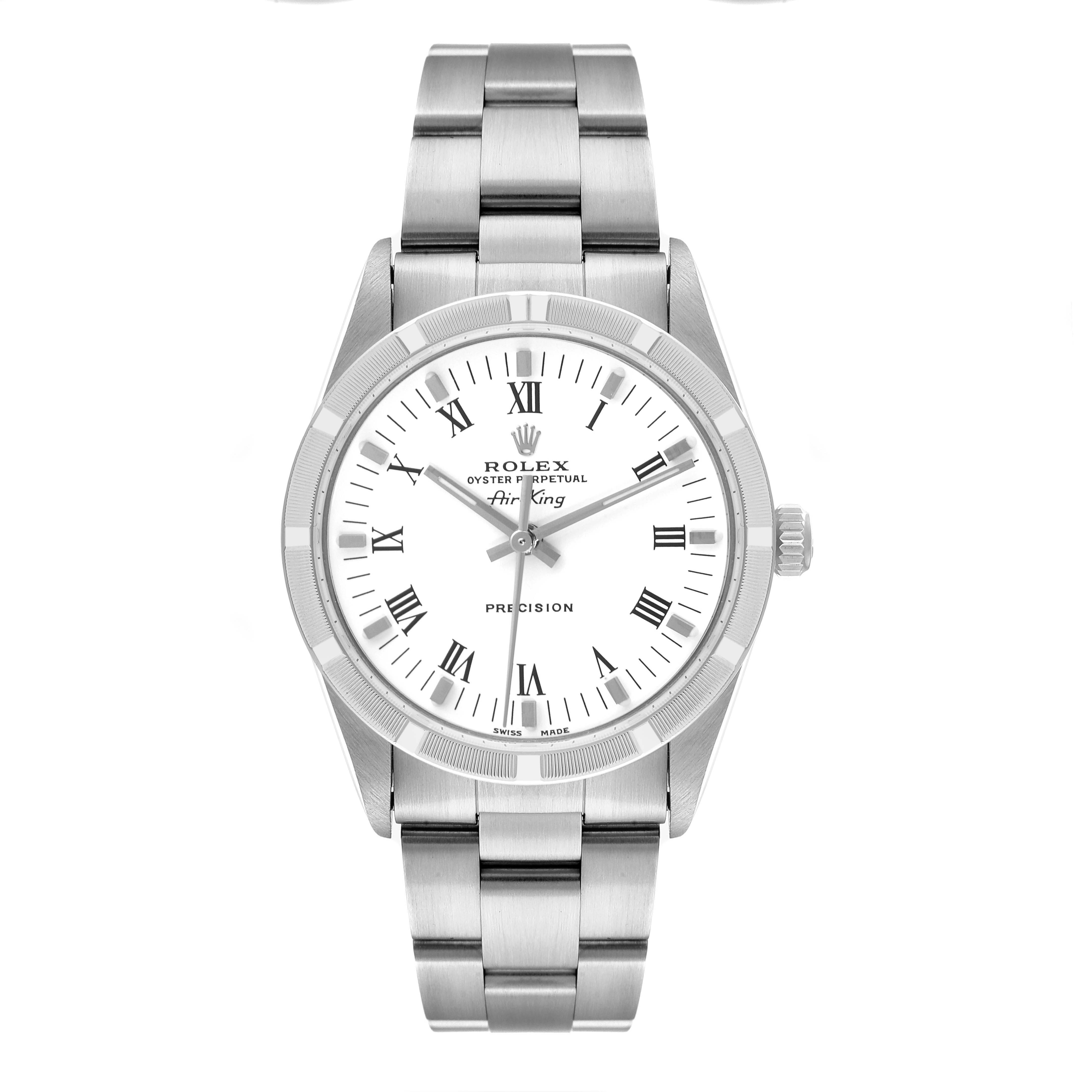 The Rolex Air-King 14010 Men's Stainless Steel White Dial 14010 Men's Stainless Steel White Dial watch is shown from a front angle, displaying its face, bezel, and bracelet.