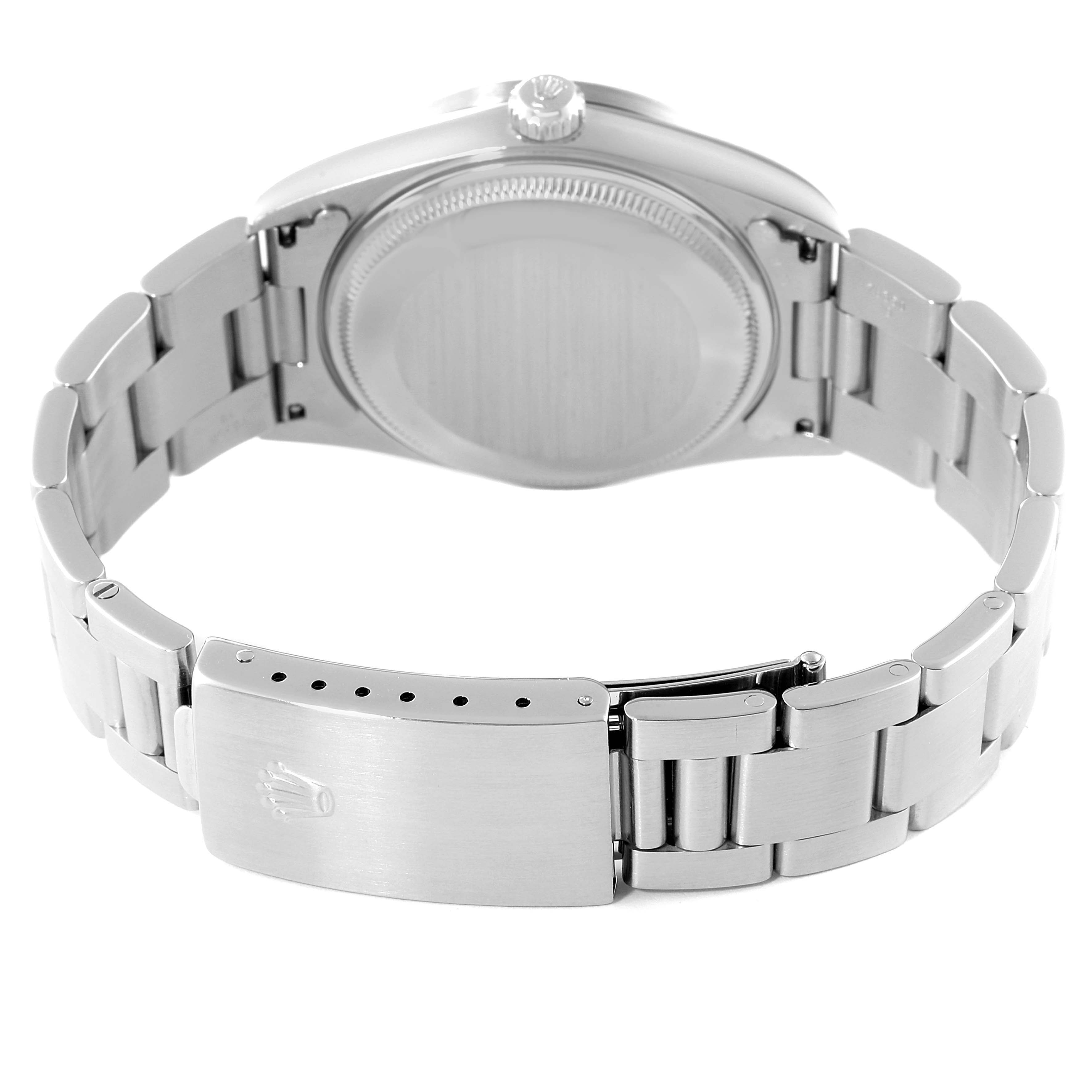 This image shows the back view of the Rolex Air-King 14010 Men's Stainless Steel White Dial 14010 Men's Stainless Steel White Dial watch, highlighting its clasp and bracelet.