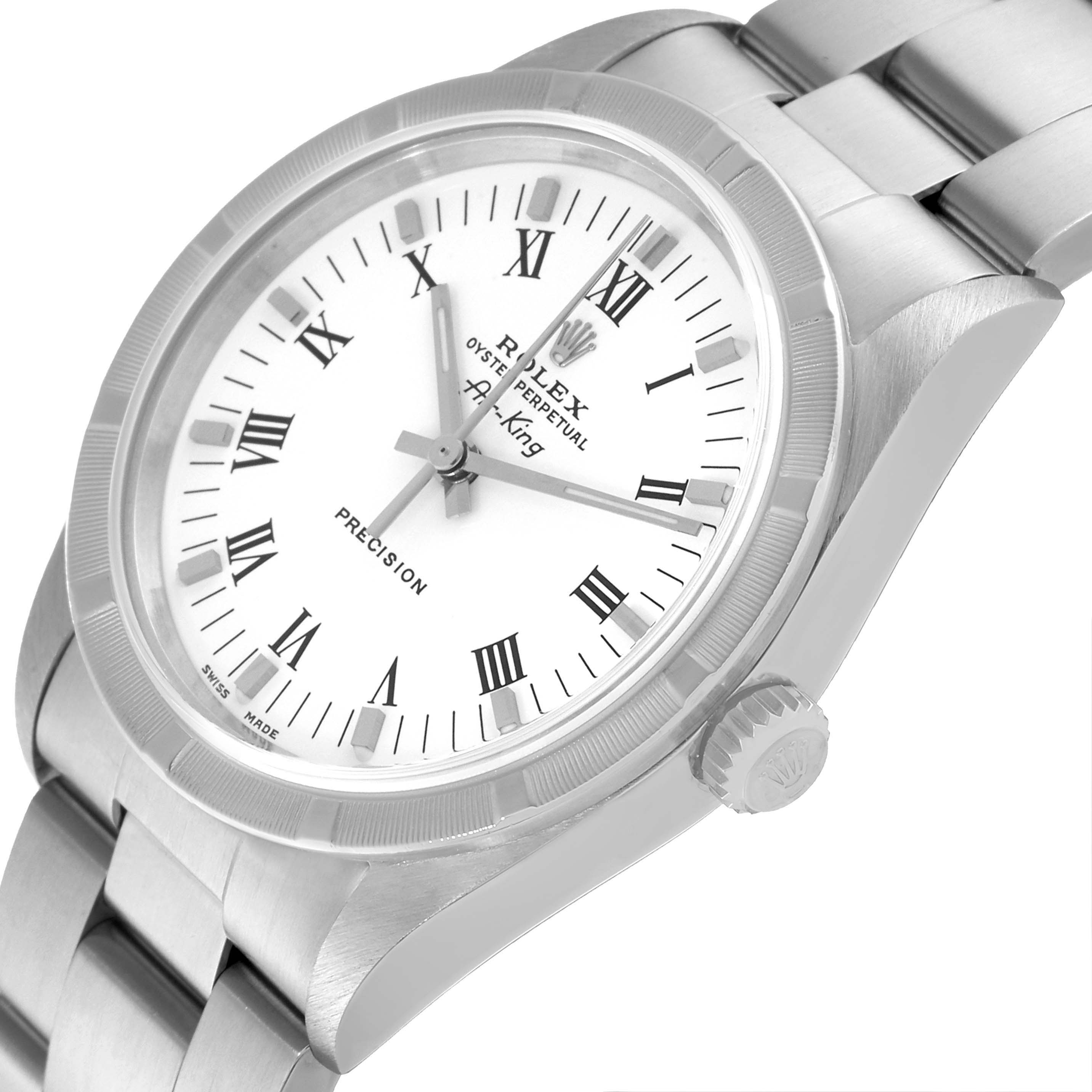 The Rolex Air-King 14010 Men's Stainless Steel White Dial 14010 Men's Stainless Steel White Dial watch is shown at a slight angle, highlighting the face, bezel, crown, and part of the bracelet.