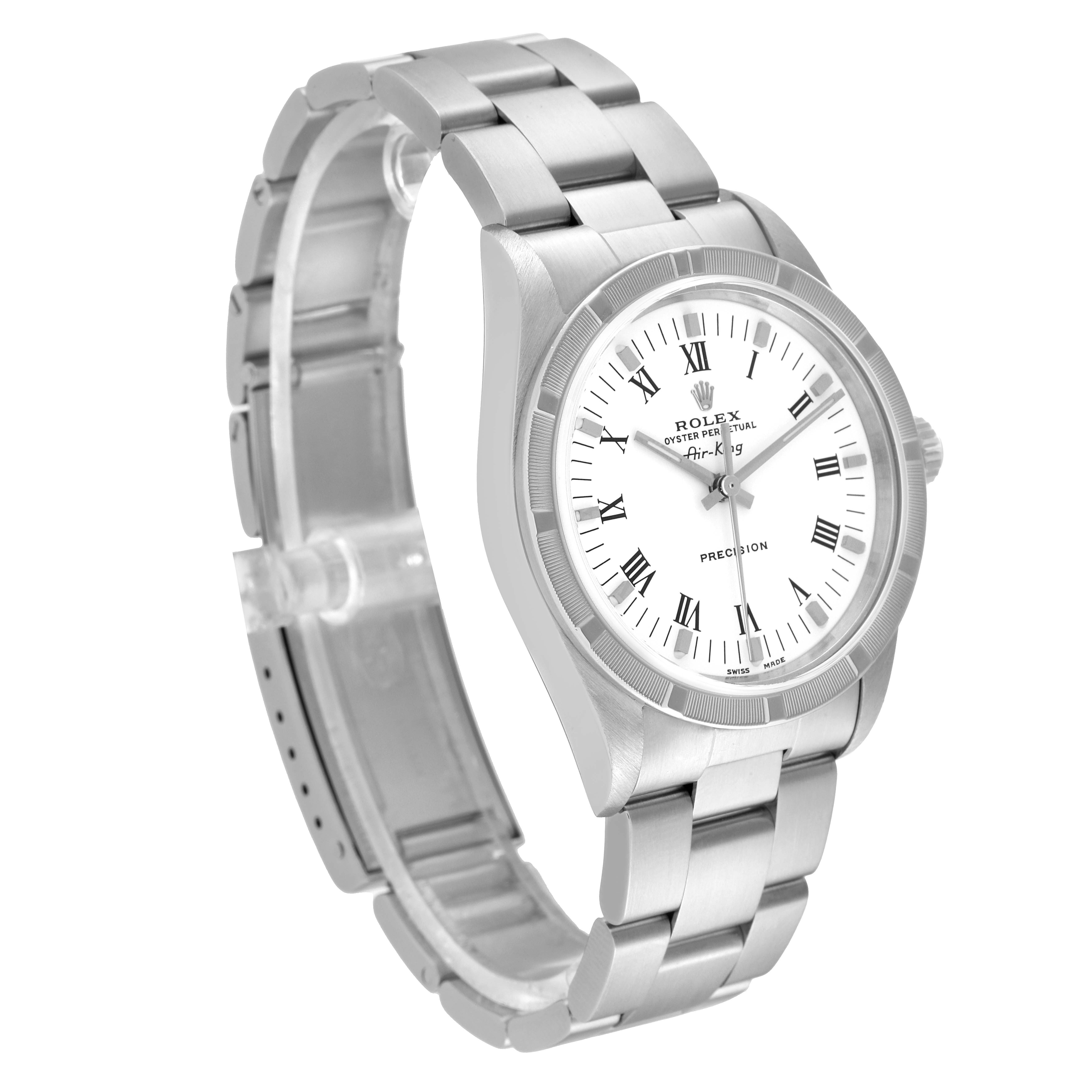 The Rolex Air-King 14010 Men's Stainless Steel White Dial 14010 Men's Stainless Steel White Dial watch is shown at a slight angle, displaying the face, bezel, and bracelet.