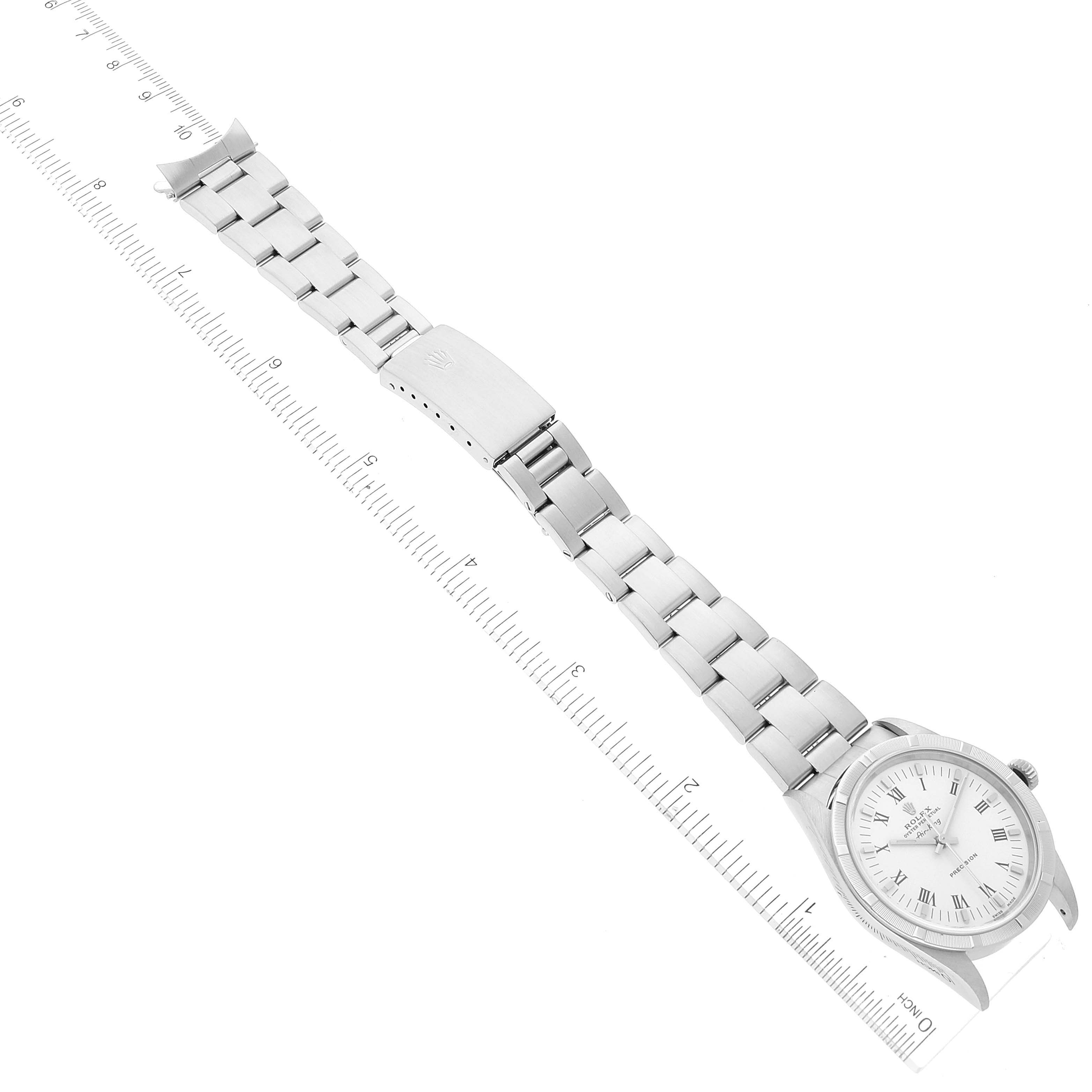 The Rolex Air-King 14010 Men's Stainless Steel White Dial 14010 Men's Stainless Steel White Dial watch is shown from a top-down angle, including the case, dial, and the entire bracelet.