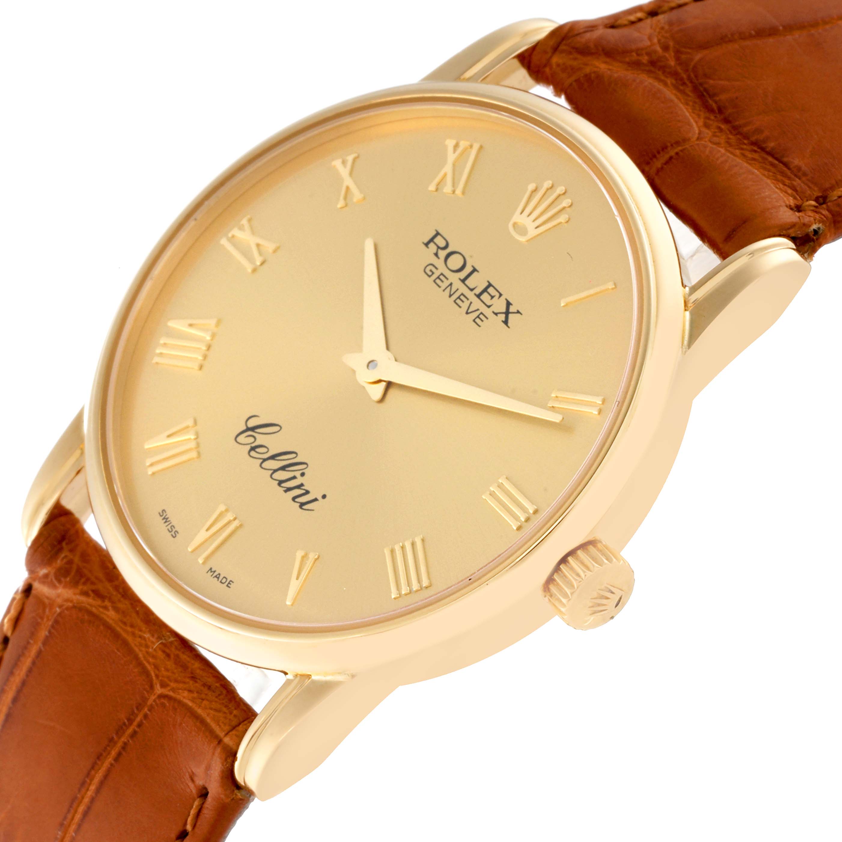 The image shows a close-up, angled view of a Rolex Cellini 5116 Men's Yellow Gold Champagne Dial 5116 Men's Yellow Gold Champagne Dial watch, featuring its gold dial, Roman numeral markers, and a brown leather strap.