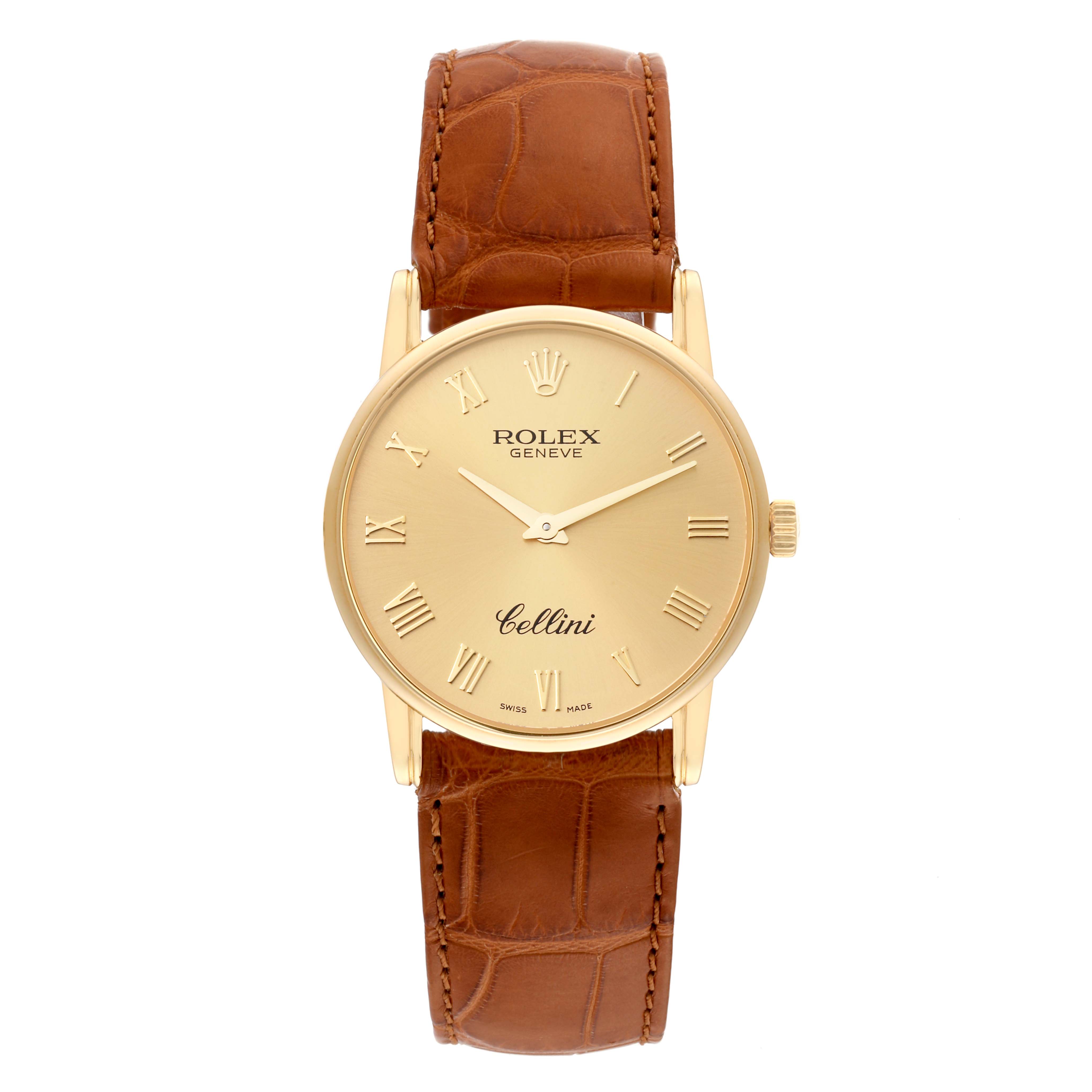 The image shows a front view of the Rolex Cellini 5116 Men's Yellow Gold Champagne Dial 5116 Men's Yellow Gold Champagne Dial watch with a gold dial and a brown leather strap.