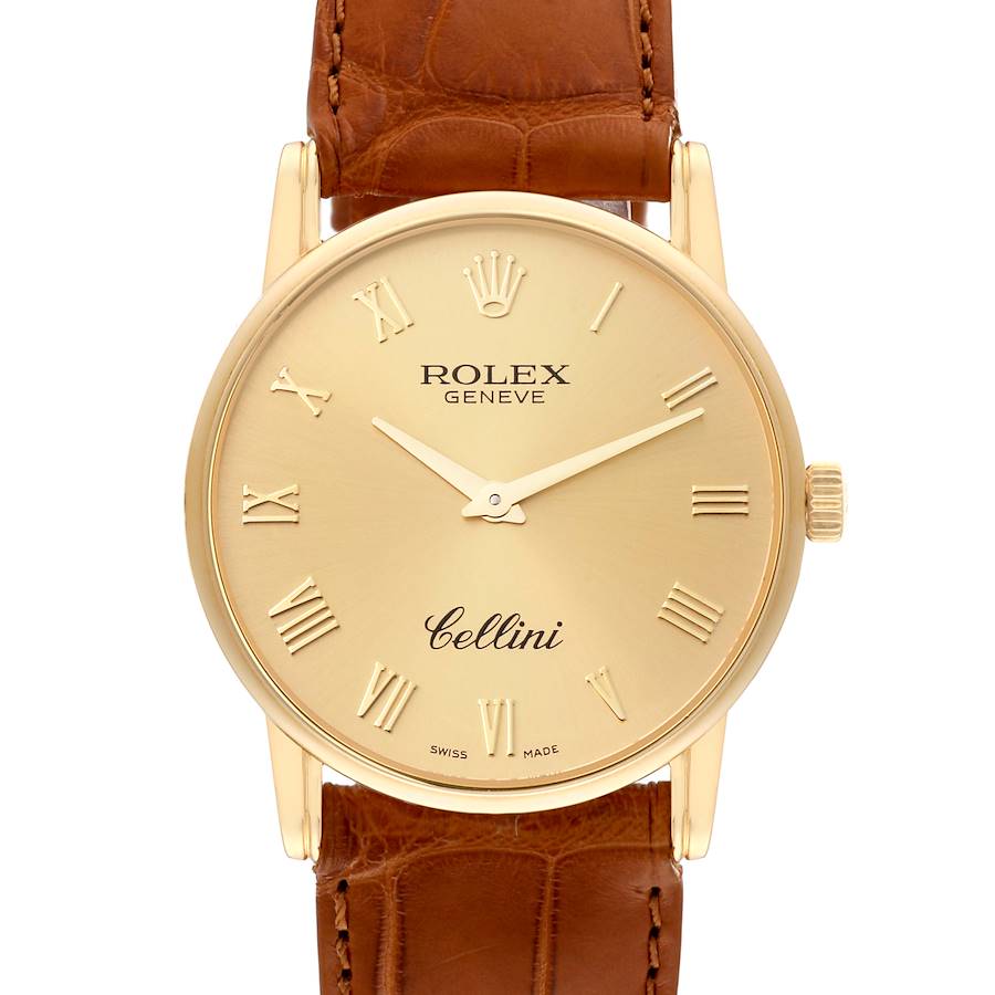 This is a front view of a Rolex Cellini watch showing the dial, hands, Roman numerals, and brown leather strap.