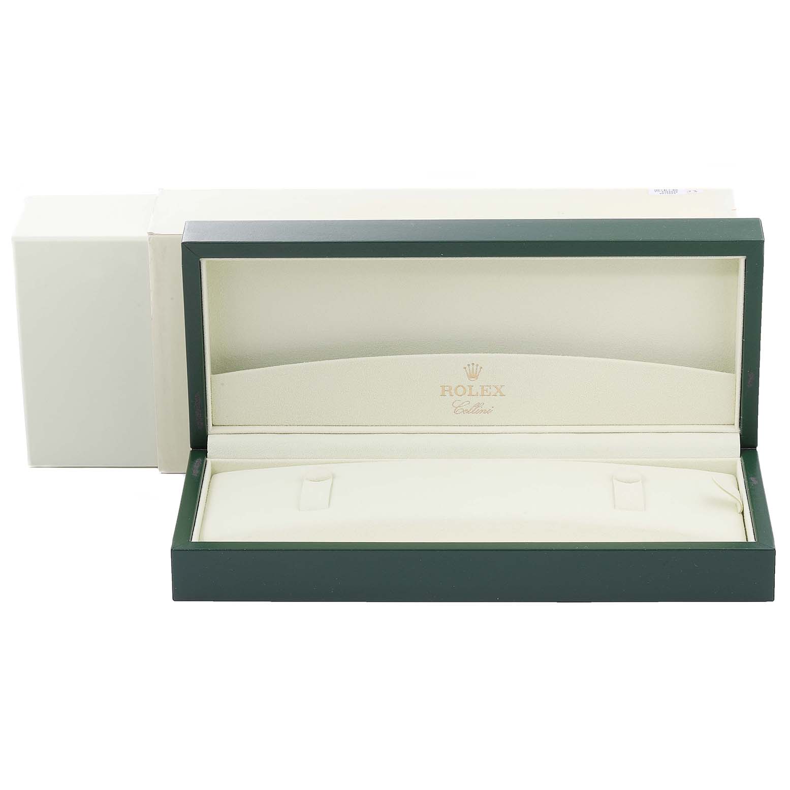 The image shows an empty open box for a Rolex Cellini 50525 Men's Rose Gold Black Dial 50525 Men's Rose Gold Black Dial watch, viewed from the front.