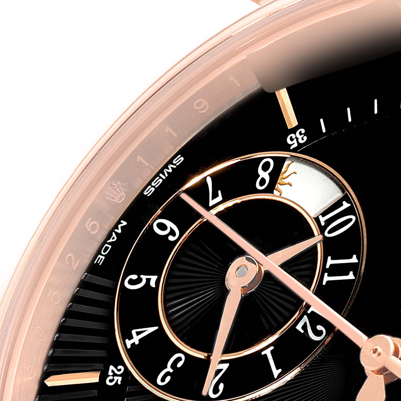 The image shows a close-up of the dial and hands of a Rolex Cellini 50525 Men's Rose Gold Black Dial 50525 Men's Rose Gold Black Dial watch, highlighting the numerals and a portion of the bezel.