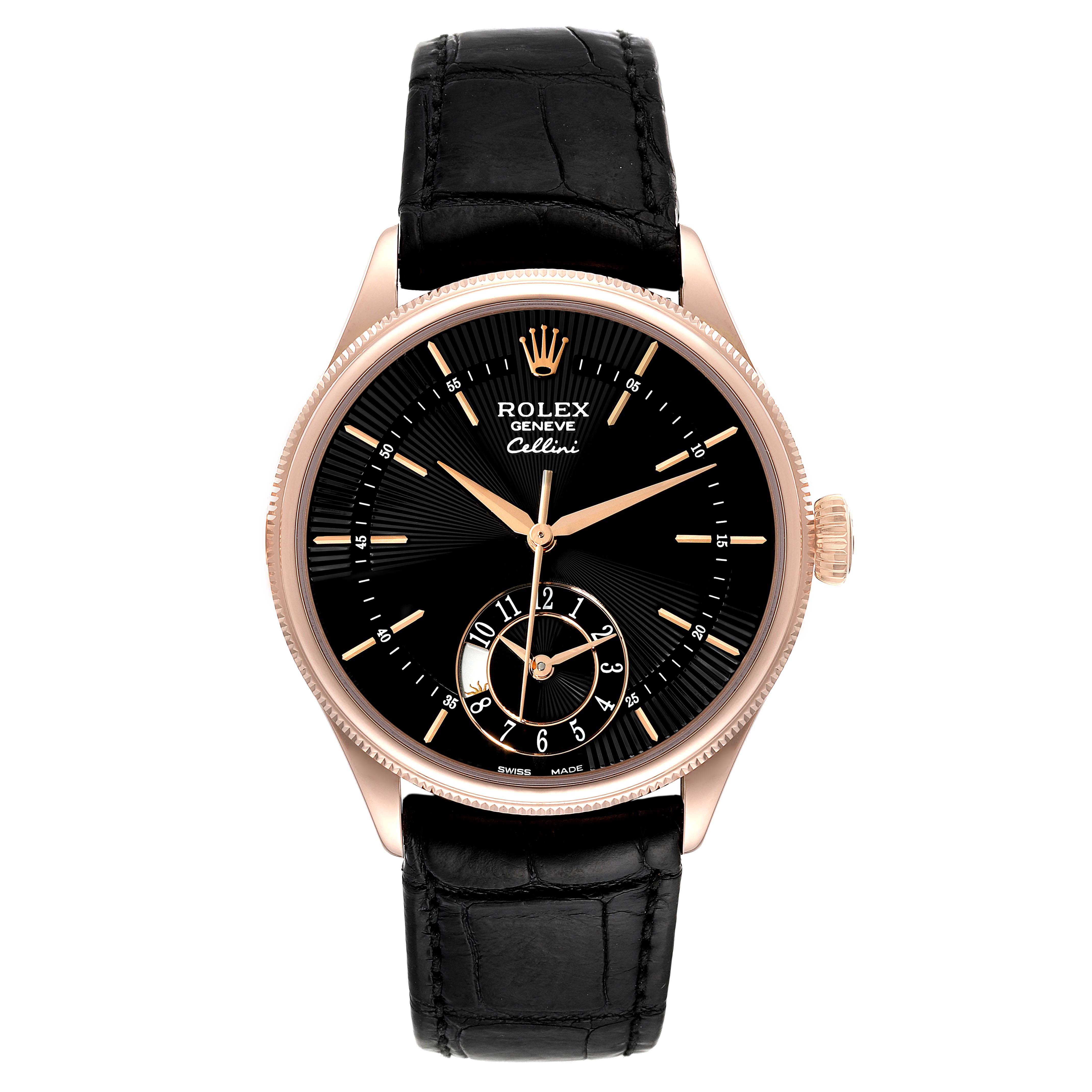 The image shows a front view of a Rolex Cellini 50525 Men's Rose Gold Black Dial 50525 Men's Rose Gold Black Dial watch, featuring a black dial, rose gold case, and black leather strap.