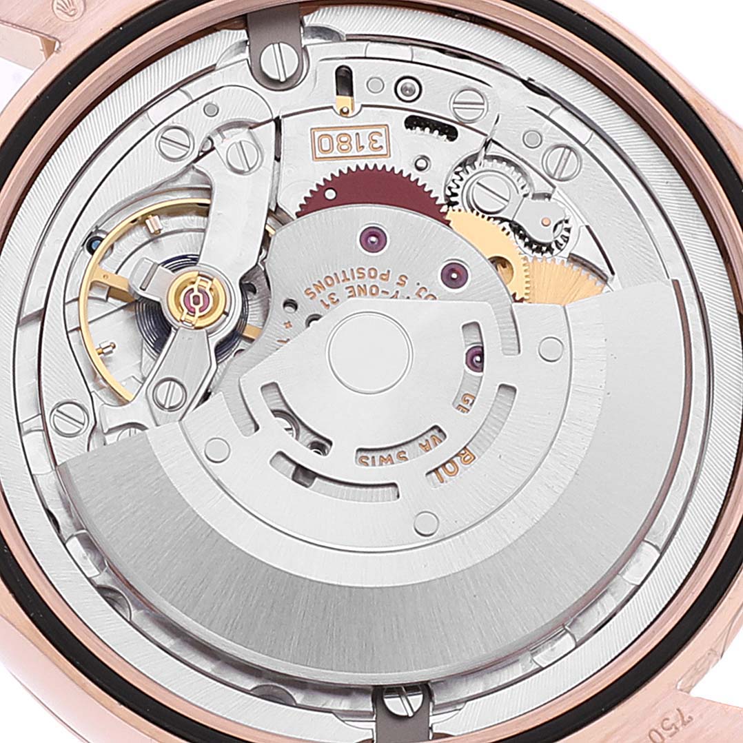 This image shows the intricate internal mechanism of a Rolex Cellini 50525 Men's Rose Gold Black Dial 50525 Men's Rose Gold Black Dial model watch viewed from the back.