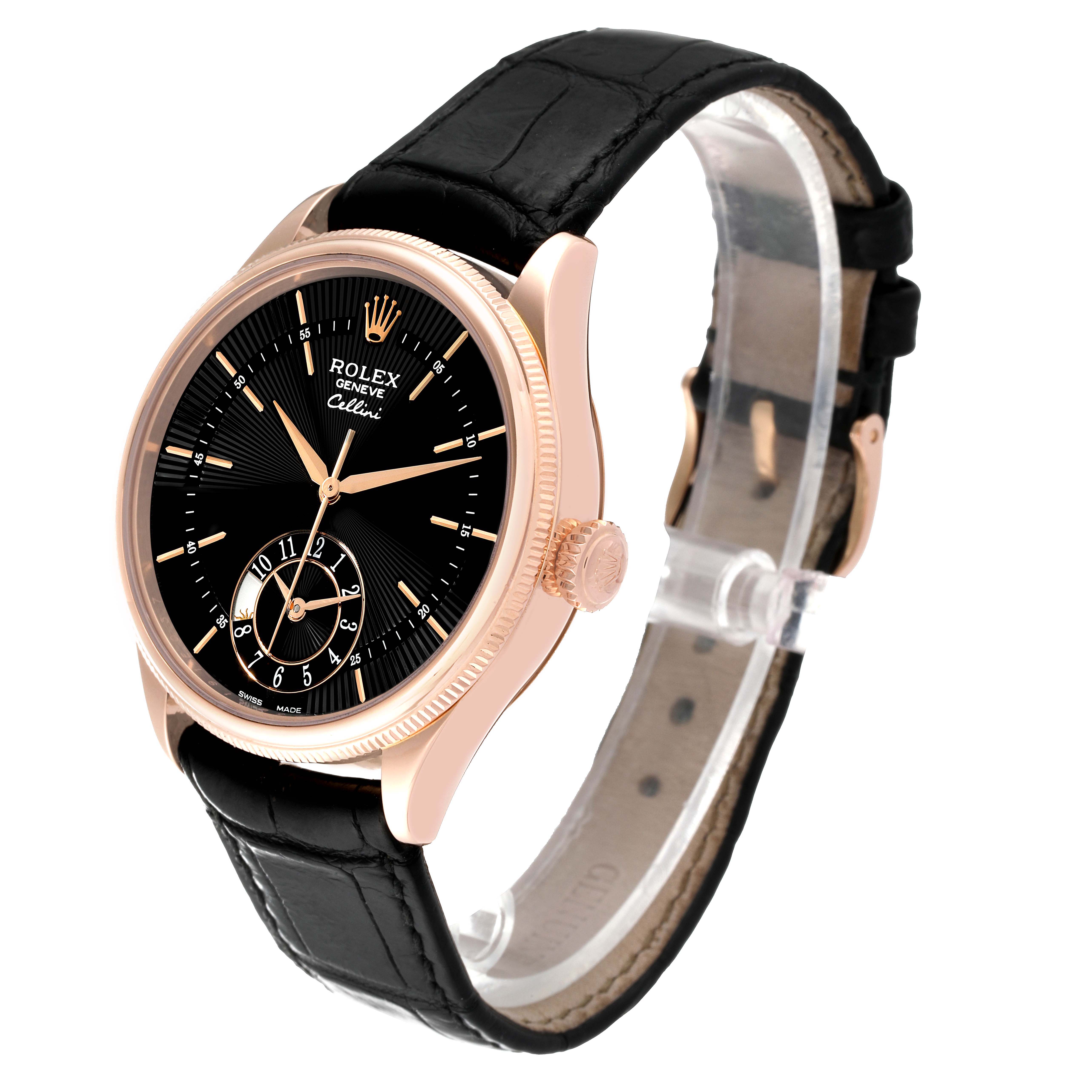 The Rolex Cellini 50525 Men's Rose Gold Black Dial 50525 Men's Rose Gold Black Dial watch is shown at a three-quarter view, highlighting its black dial, gold hands, crown, and black leather strap.