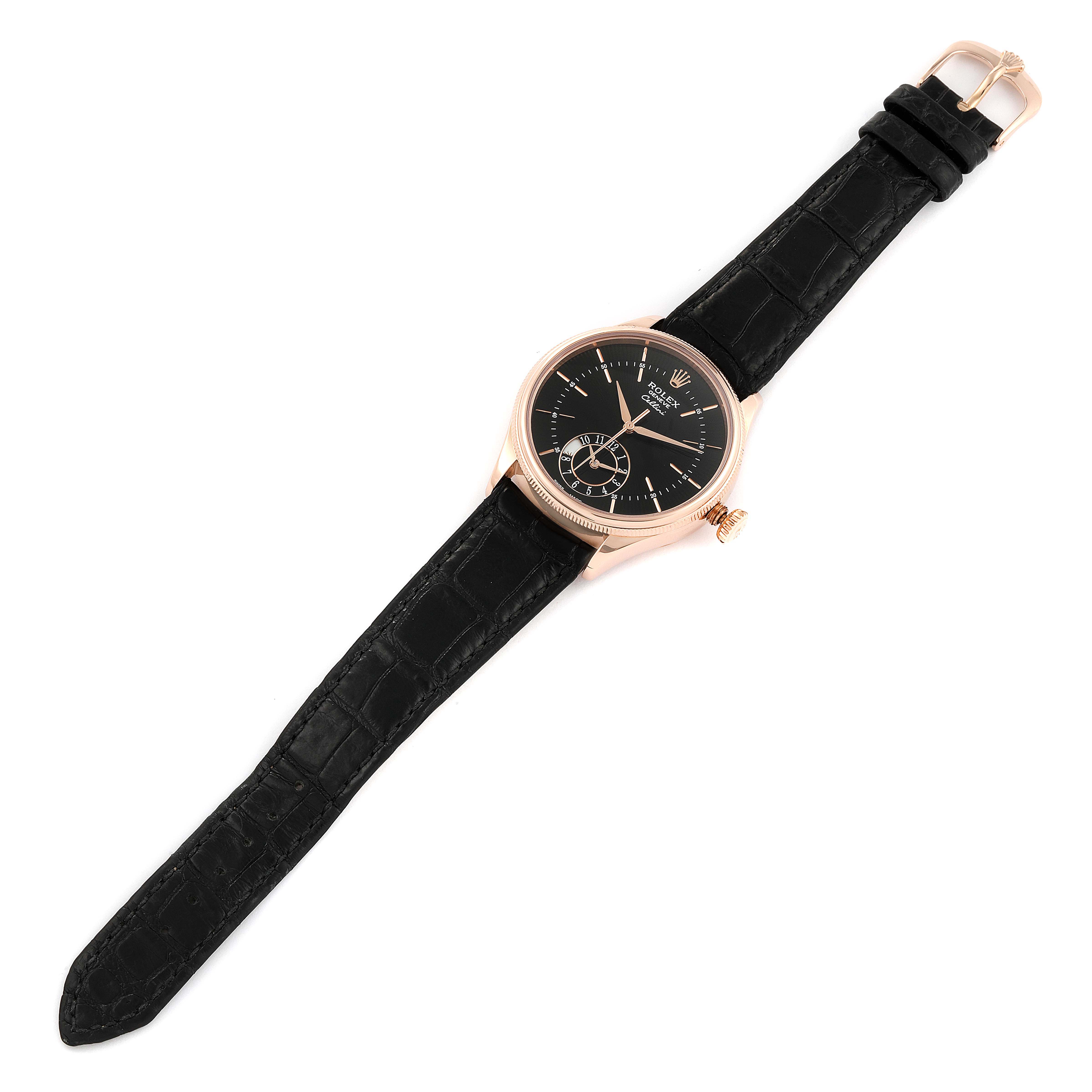This image shows a Rolex Cellini 50525 Men's Rose Gold Black Dial 50525 Men's Rose Gold Black Dial watch from a top-down angle, highlighting the black leather strap and the black dial with rose gold casing.