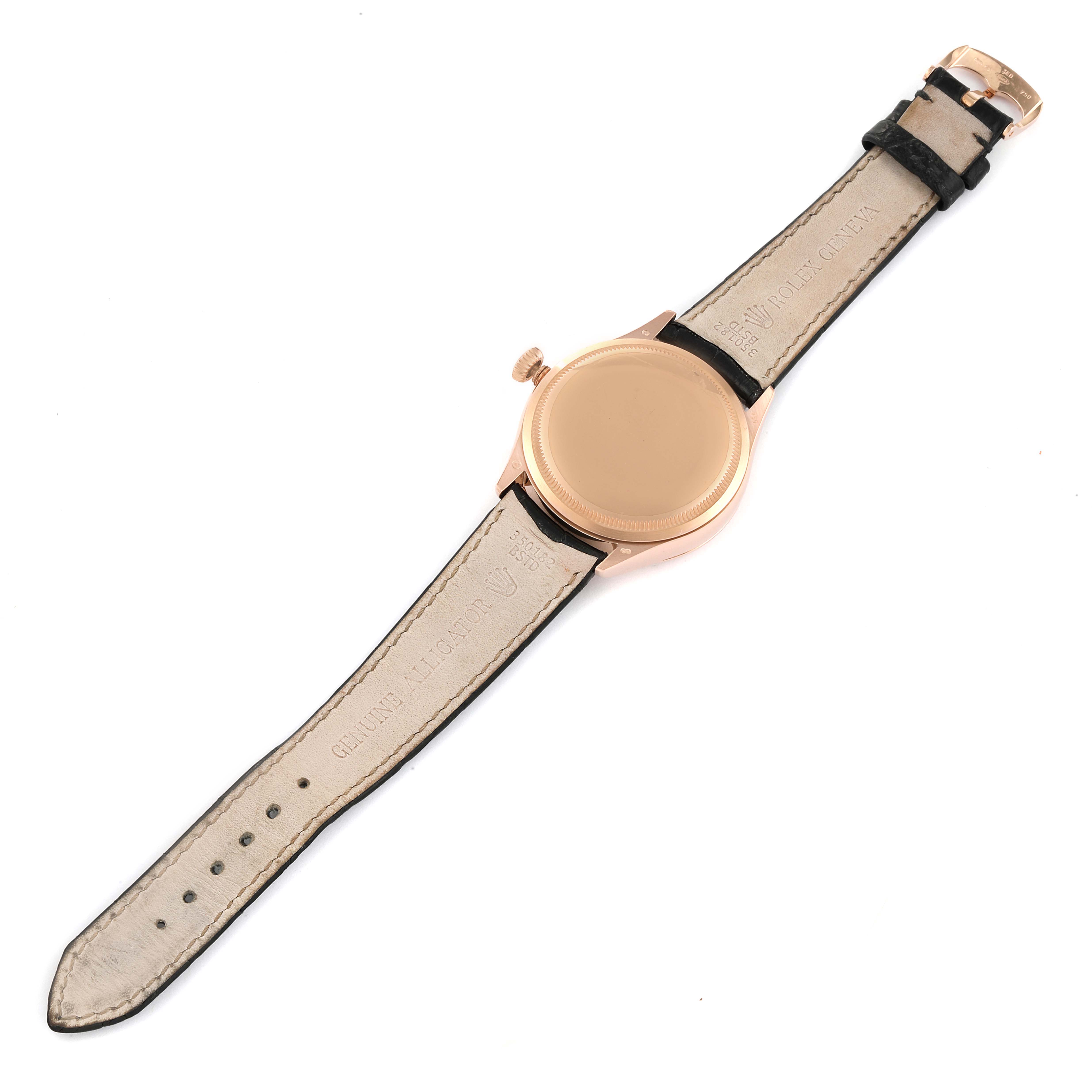 The image shows the back view of a Rolex Cellini 50525 Men's Rose Gold Black Dial 50525 Men's Rose Gold Black Dial watch, revealing the case back and leather strap.