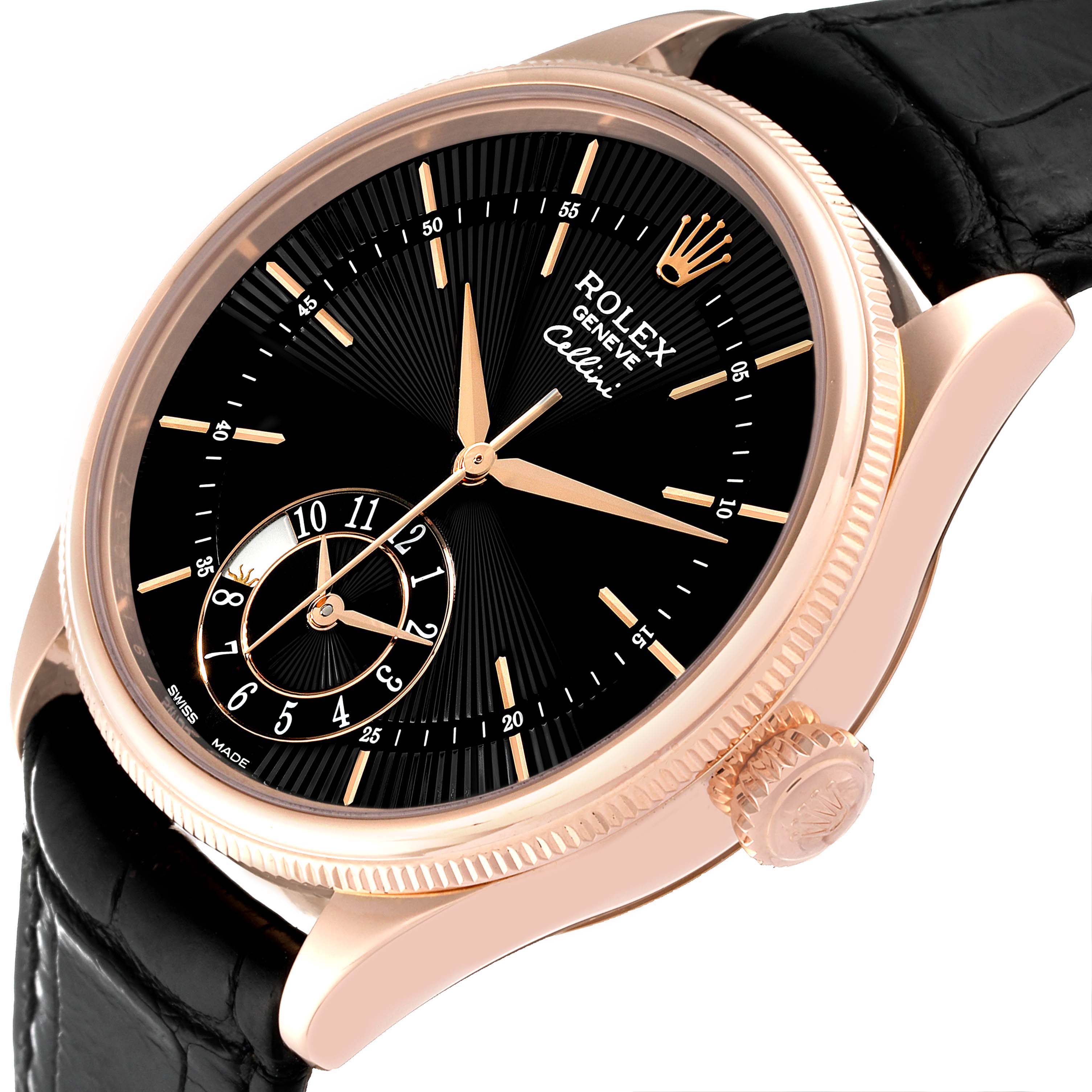 The image shows a close-up, angled view of the Rolex Cellini 50525 Men's Rose Gold Black Dial 50525 Men's Rose Gold Black Dial watch, highlighting its black dial, rose gold case, and crown.