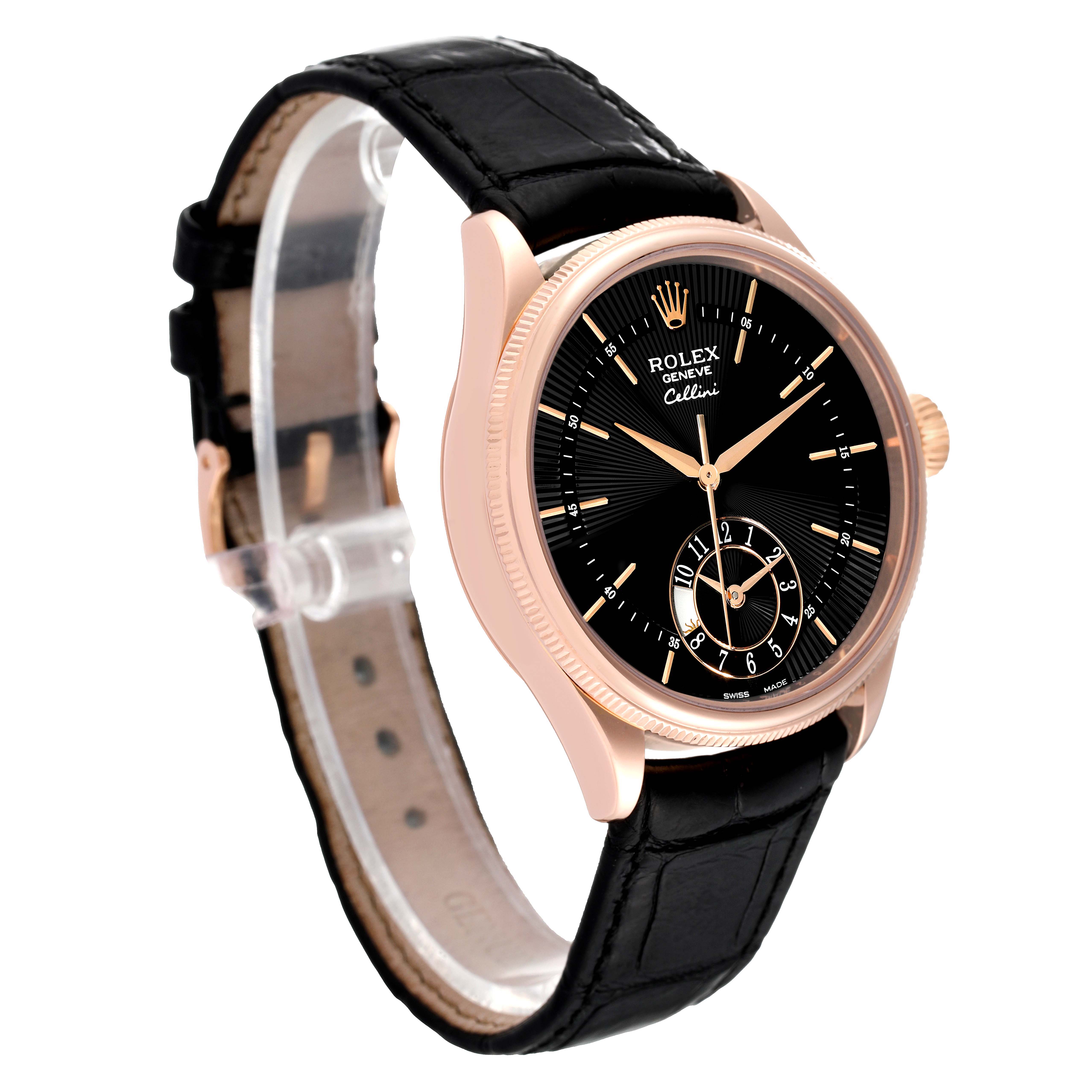 The image shows a Rolex Cellini 50525 Men's Rose Gold Black Dial 50525 Men's Rose Gold Black Dial watch at an angled side view, highlighting its black dial, rose gold case, and black leather strap.