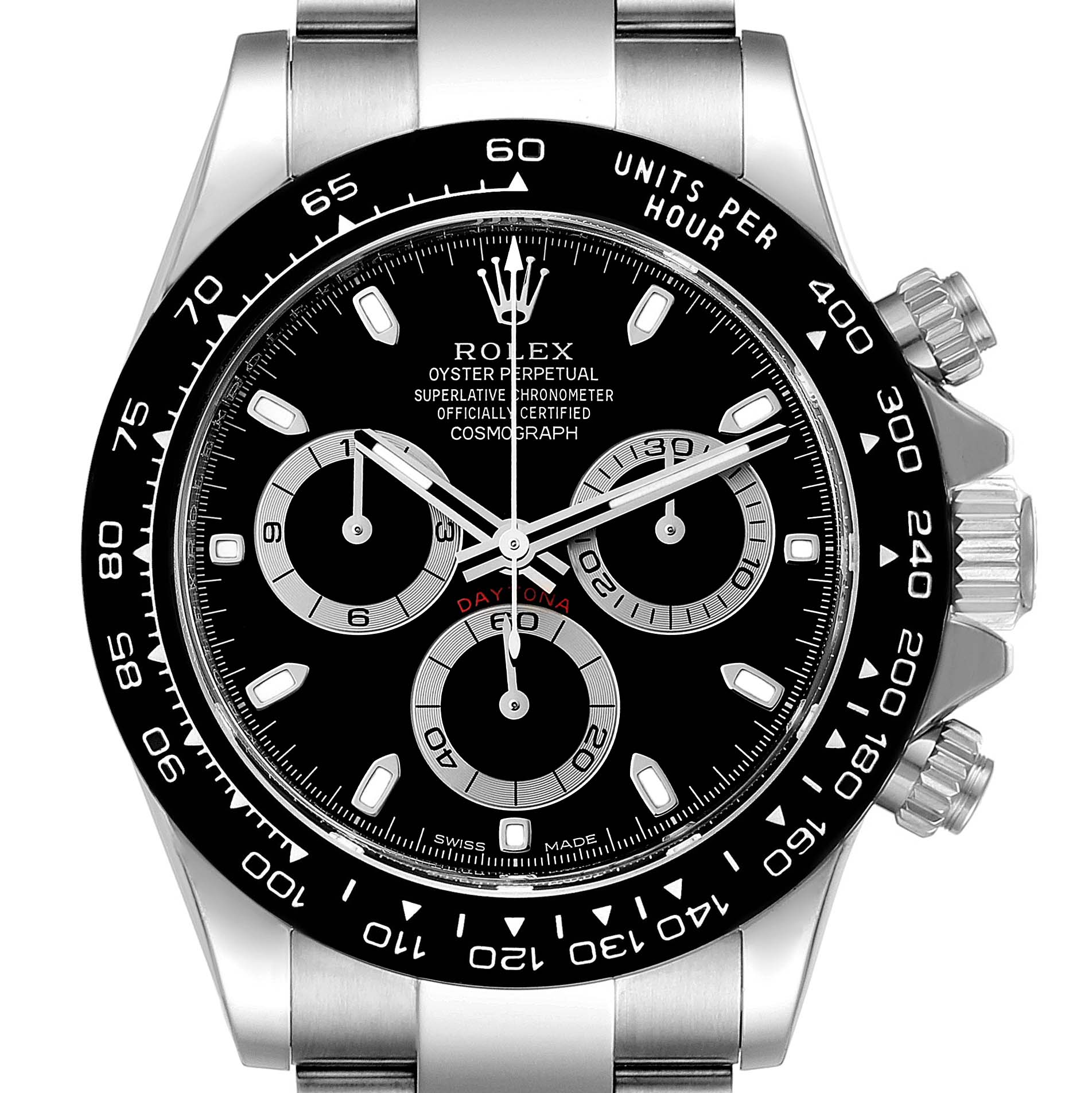 This image shows a front view of a Rolex Daytona 116500 Men's Stainless Steel Black Dial 116500 Men's Stainless Steel Black Dial watch, displaying its dial, bezel, and side pushers.