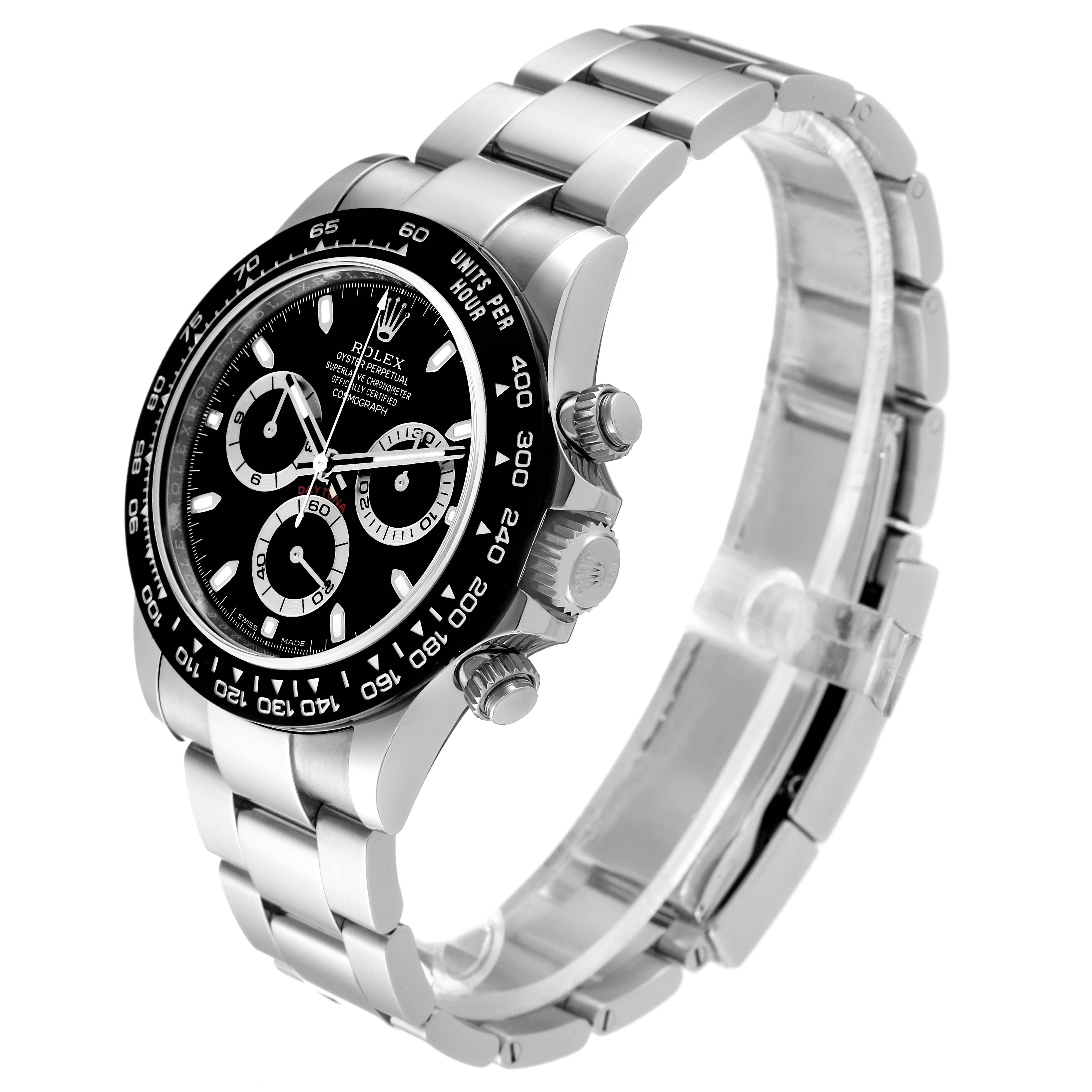 This image shows a side angle view of the Rolex Daytona 116500 Men's Stainless Steel Black Dial 116500 Men's Stainless Steel Black Dial watch, displaying its black dial and stainless steel bracelet.