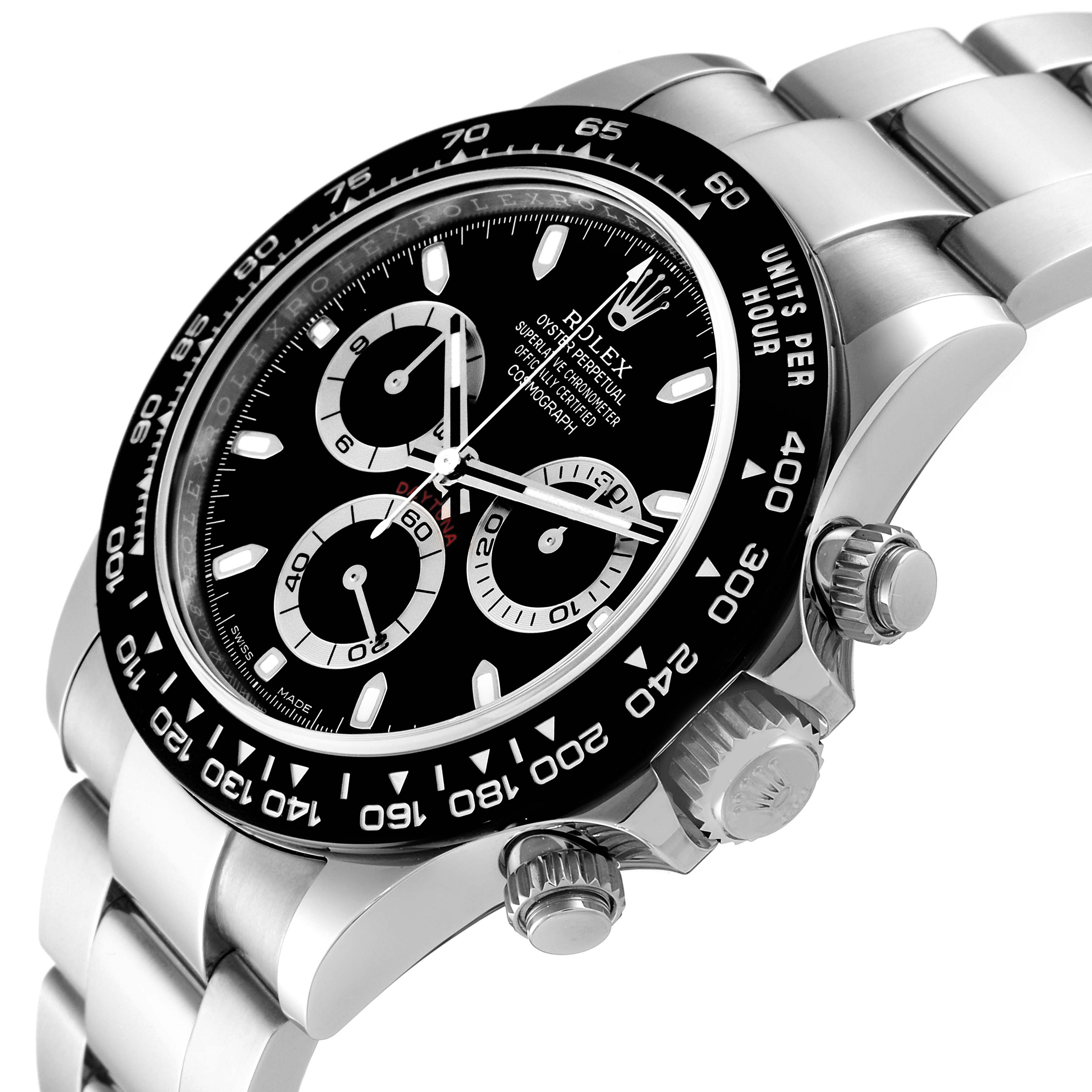 This image shows a close-up angle of the face, bezel, crown, and part of the bracelet of the Rolex Daytona 116500 Men's Stainless Steel Black Dial 116500 Men's Stainless Steel Black Dial watch.