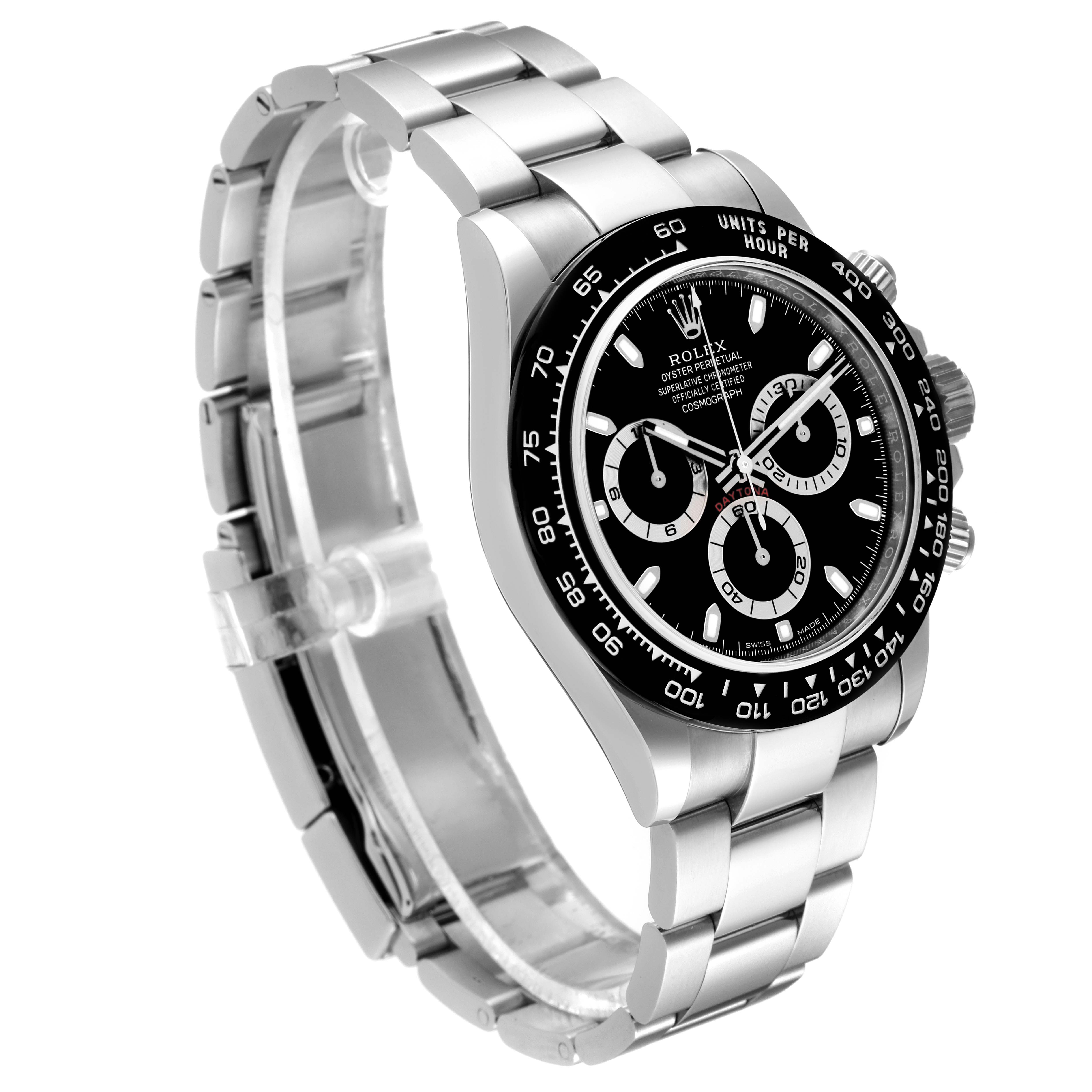 The Rolex Daytona 116500 Men's Stainless Steel Black Dial 116500 Men's Stainless Steel Black Dial watch is shown from a slightly angled side view, detailing its stainless steel bracelet and black dial.