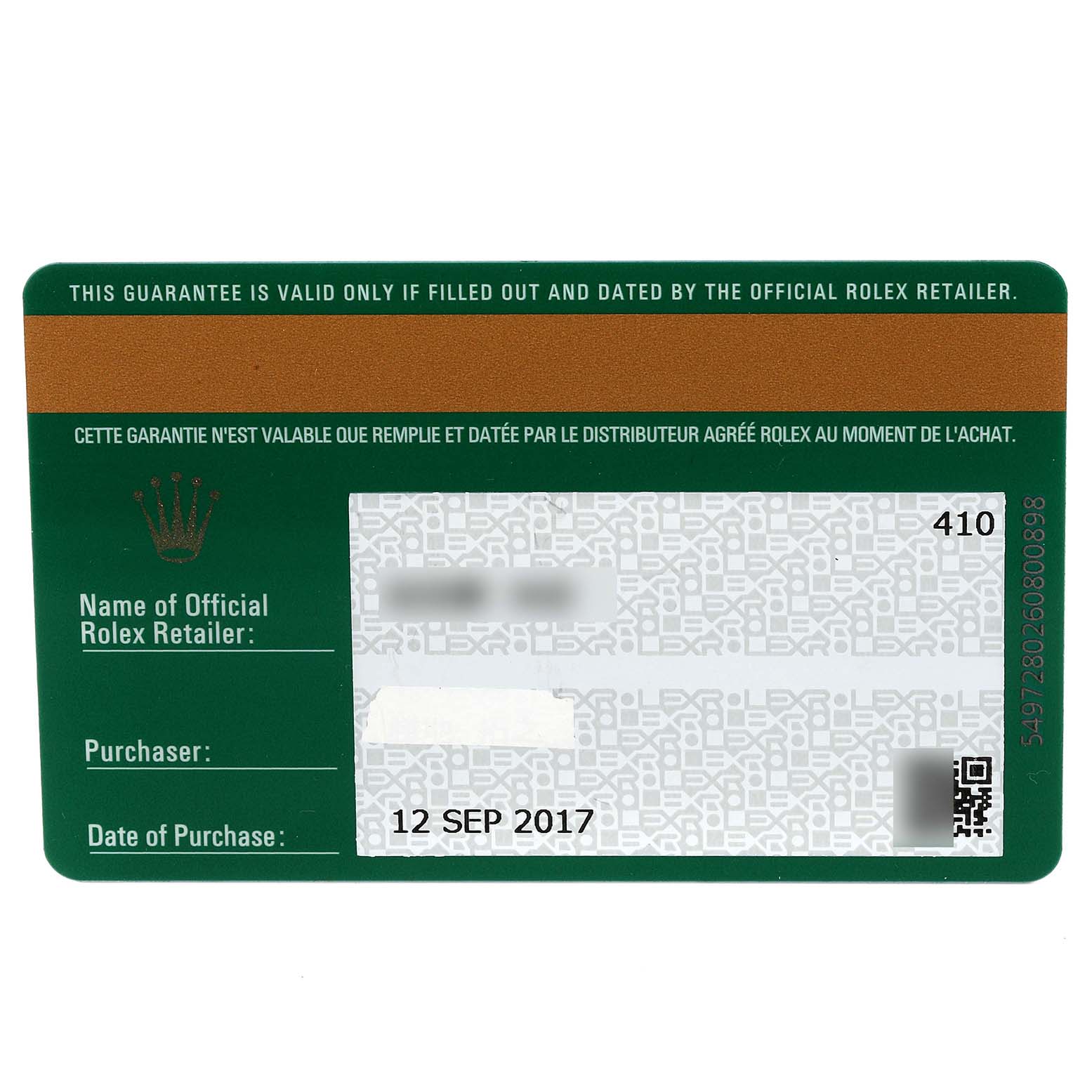 The image shows the guarantee card for a Rolex Daytona 116500 Men's Stainless Steel Black Dial 116500 Men's Stainless Steel Black Dial watch, including purchase details and retailer information.