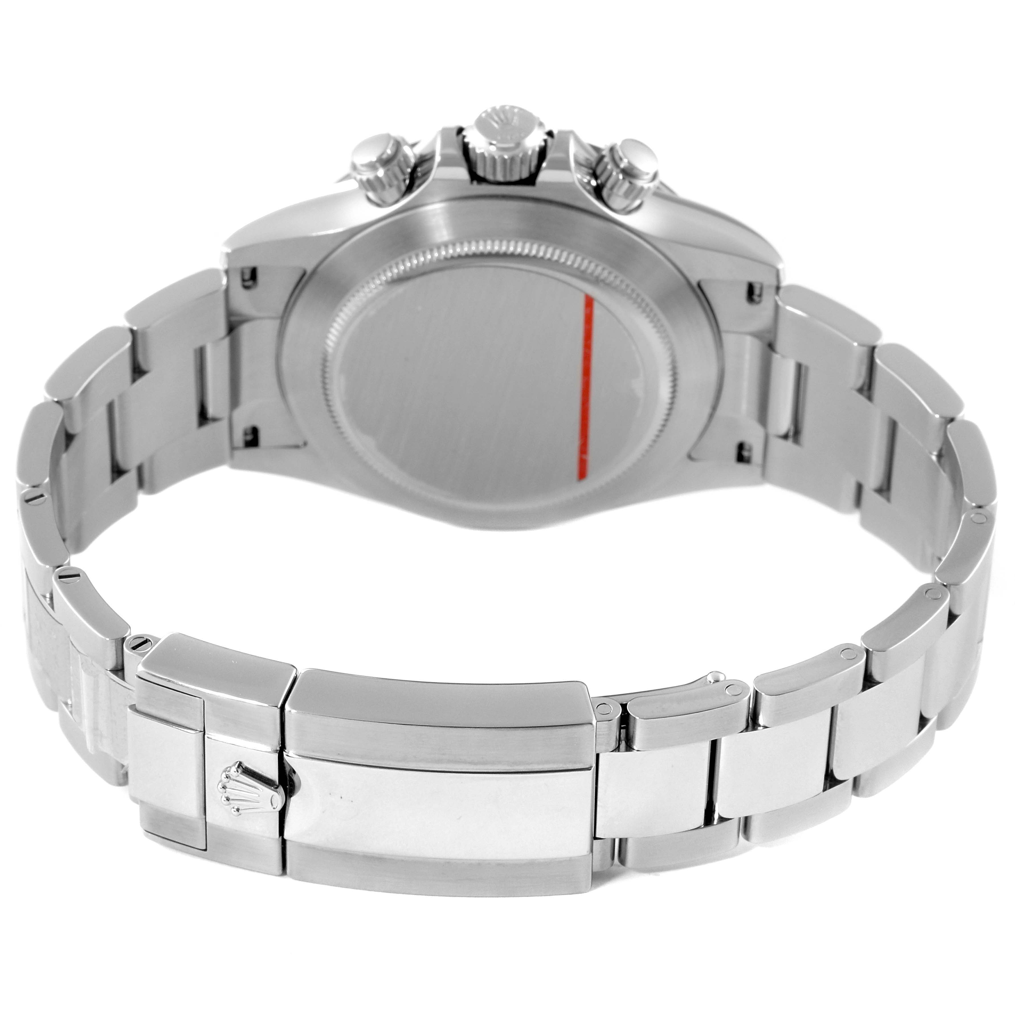 The image shows the back view of a Rolex Daytona 116500 Men's Stainless Steel Black Dial 116500 Men's Stainless Steel Black Dial watch, highlighting the case back, bracelet, and clasp.