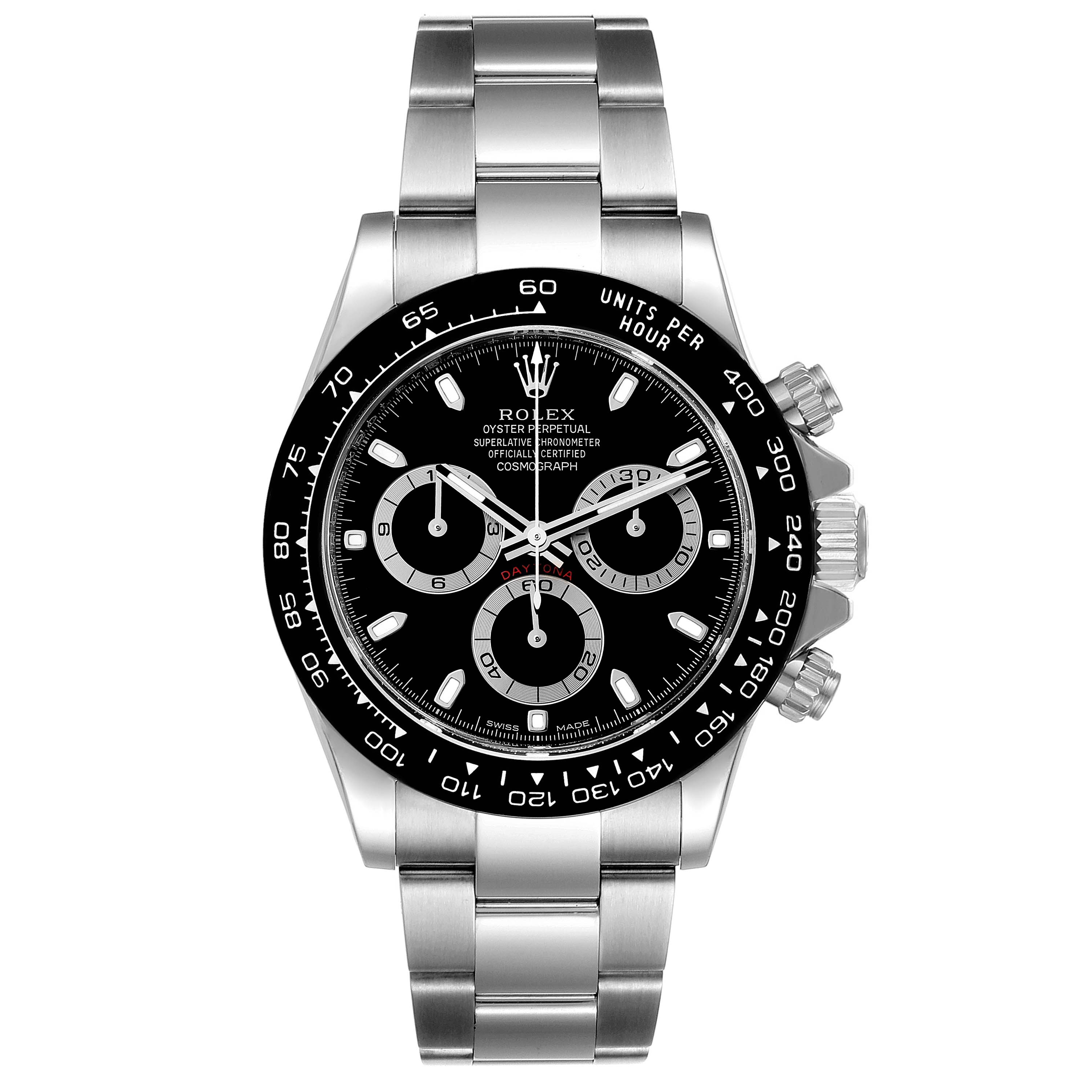 The image shows the front view of a Rolex Daytona 116500 Men's Stainless Steel Black Dial 116500 Men's Stainless Steel Black Dial watch, displaying its dial, bezel, chronograph sub-dials, and bracelet in full detail.