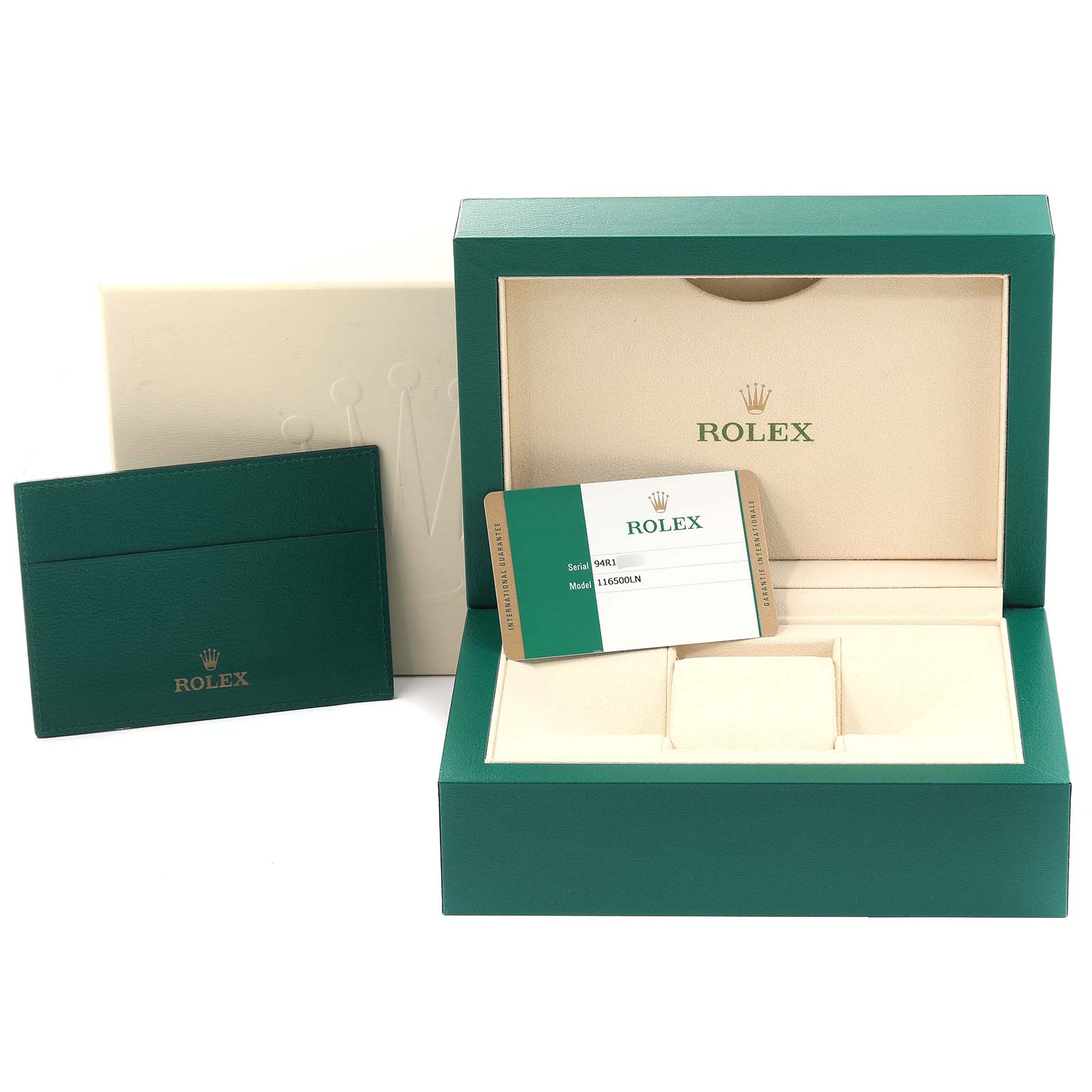 The image shows the packaging and accessories of a Rolex Daytona 116500 Men's Stainless Steel Black Dial 116500 Men's Stainless Steel Black Dial, including the box and warranty card.